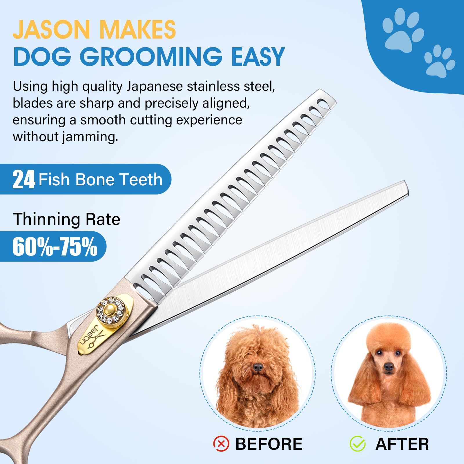 Jason 7.5'' Dog Grooming Scissors - Professional Chunker Thinning Shear With With 24 Fishbone Teeth Japanese 440C Stainless Stee