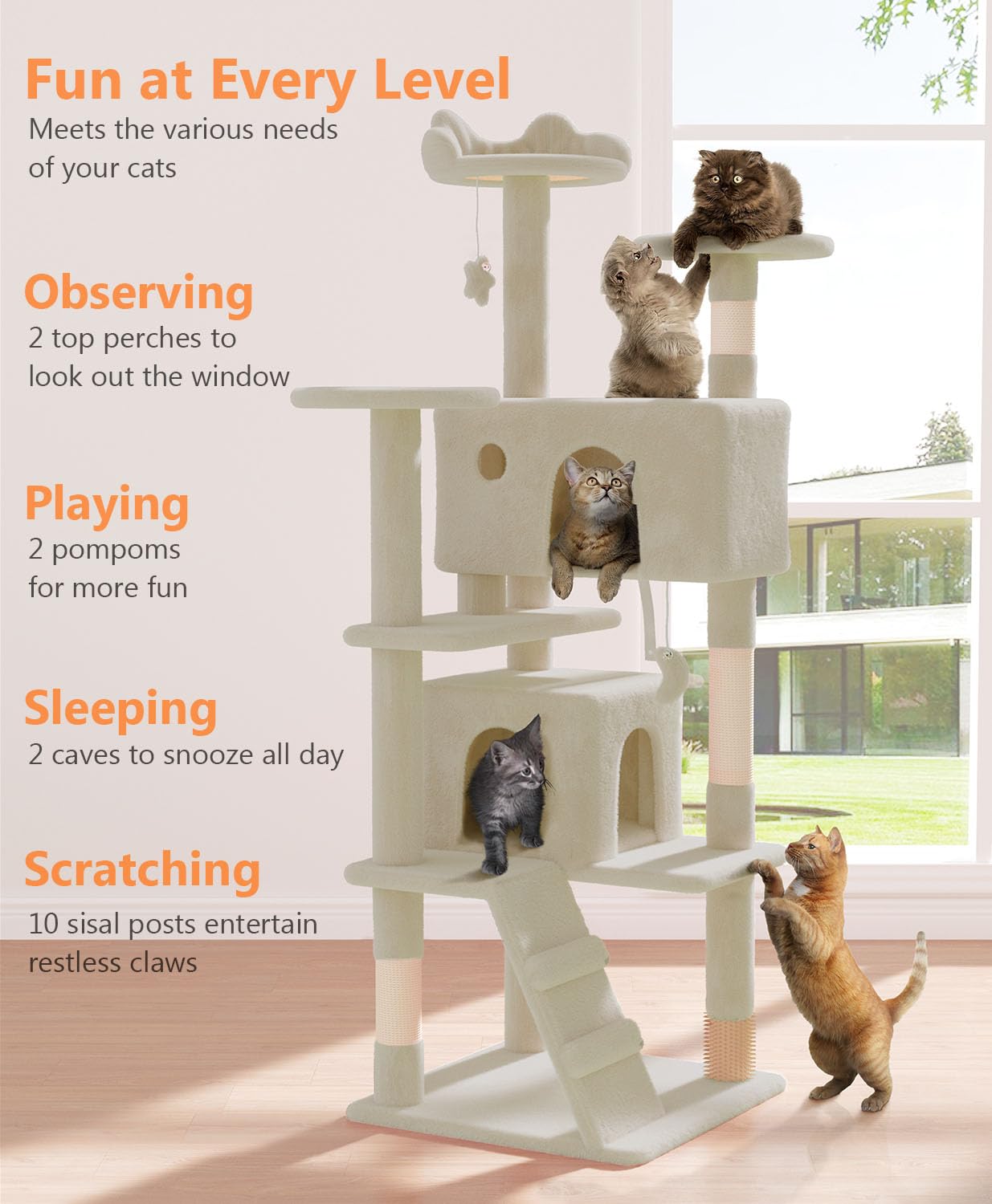Os Motor 60'' Cat Tree Tower For Indoor Cats Large Adult,Cute/Tall Modern Cat Tree For Big Cats 20 Lbs, Plush Multi-Level Cat Co