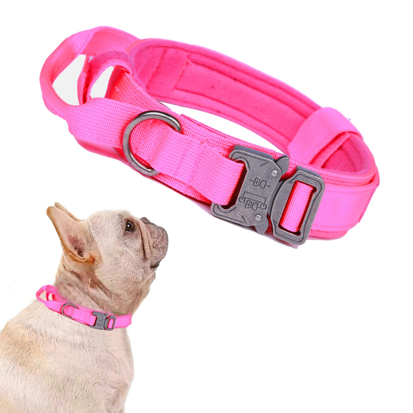 Tactical Dog Collar Military Dog Collar Adjustable Nylon Dog Collar Heavy Duty Metal Buckle With Handle For Dog Training (Pink,S
