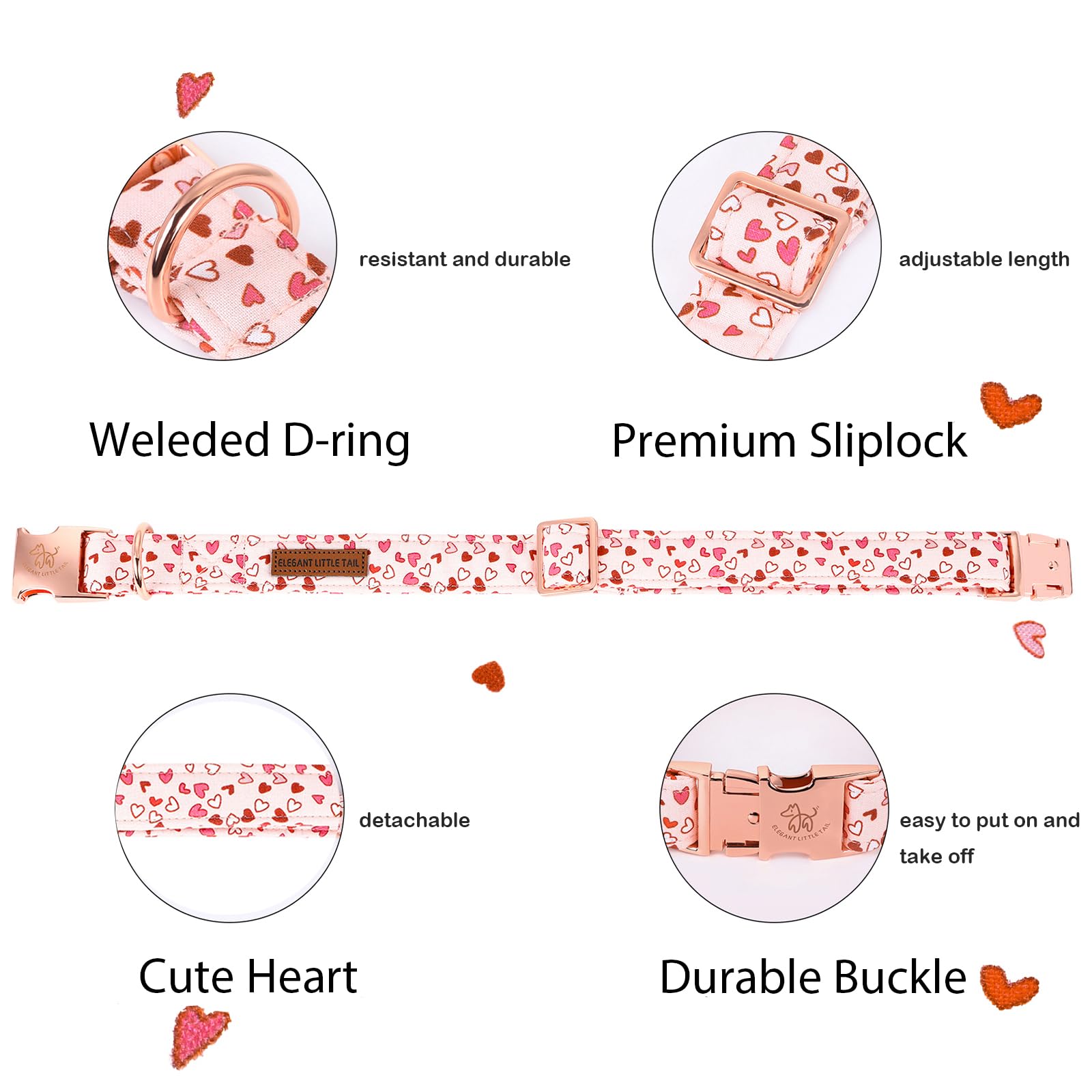 Elegant Little Tail Pink Heart Dog Collar, Valentine'S Day Gift - Adjustable For X-Small Dogs