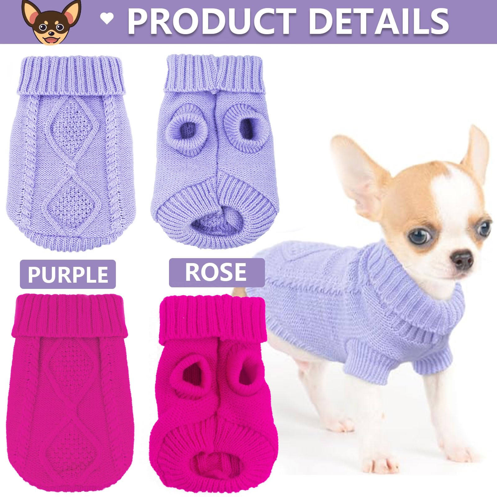 2 Pieces Dog Clothes For Small Dogs Chihuahua Sweater Small Dog Pullover Sweater, Spring Winter Cute Knitwear Turtleneck Thick W