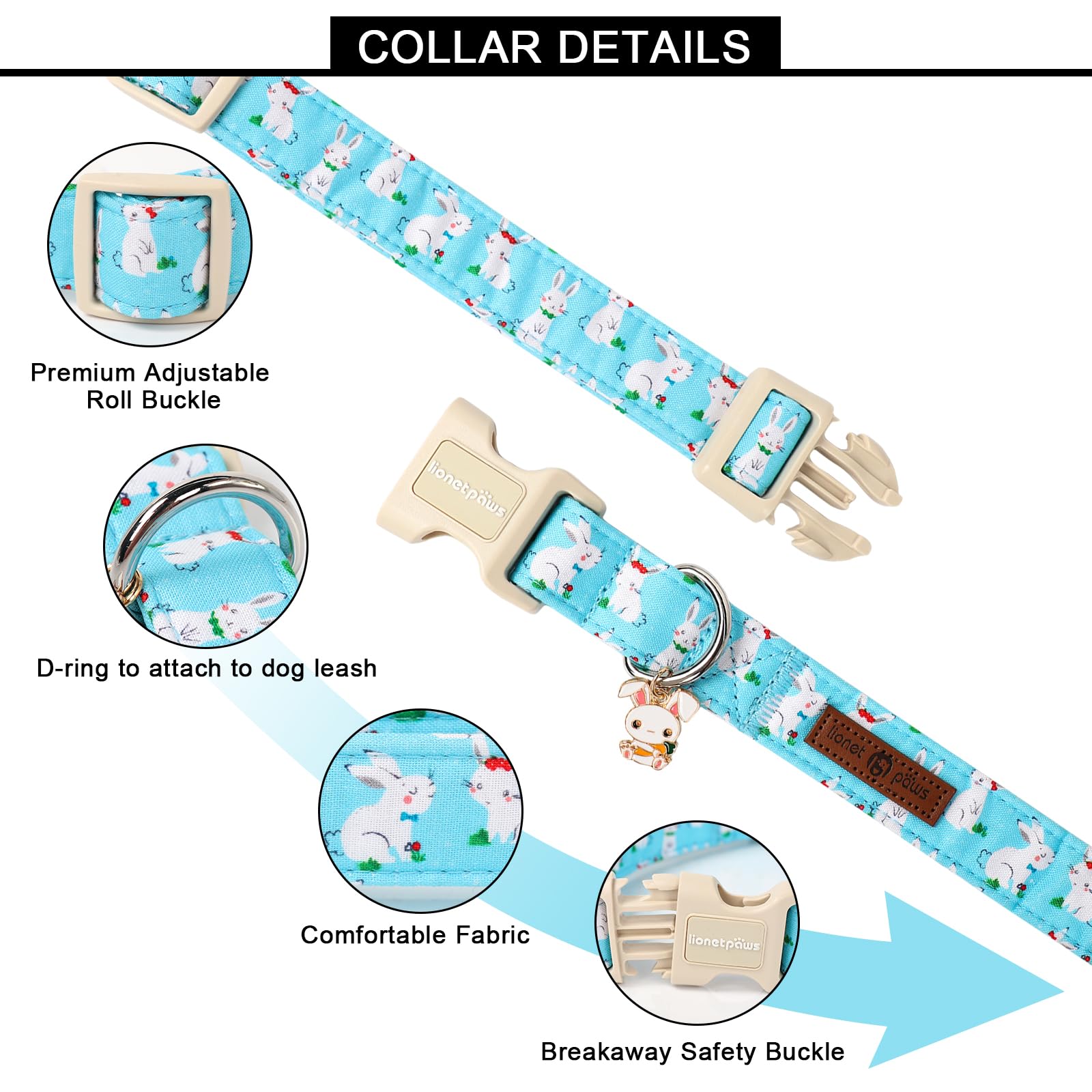 Lionet Paws Easter Dog Collar, Comfortable Adjustable Blue Rabbit Collar With Bunny Rabbit For X-Large Male Female Dogs Collars,