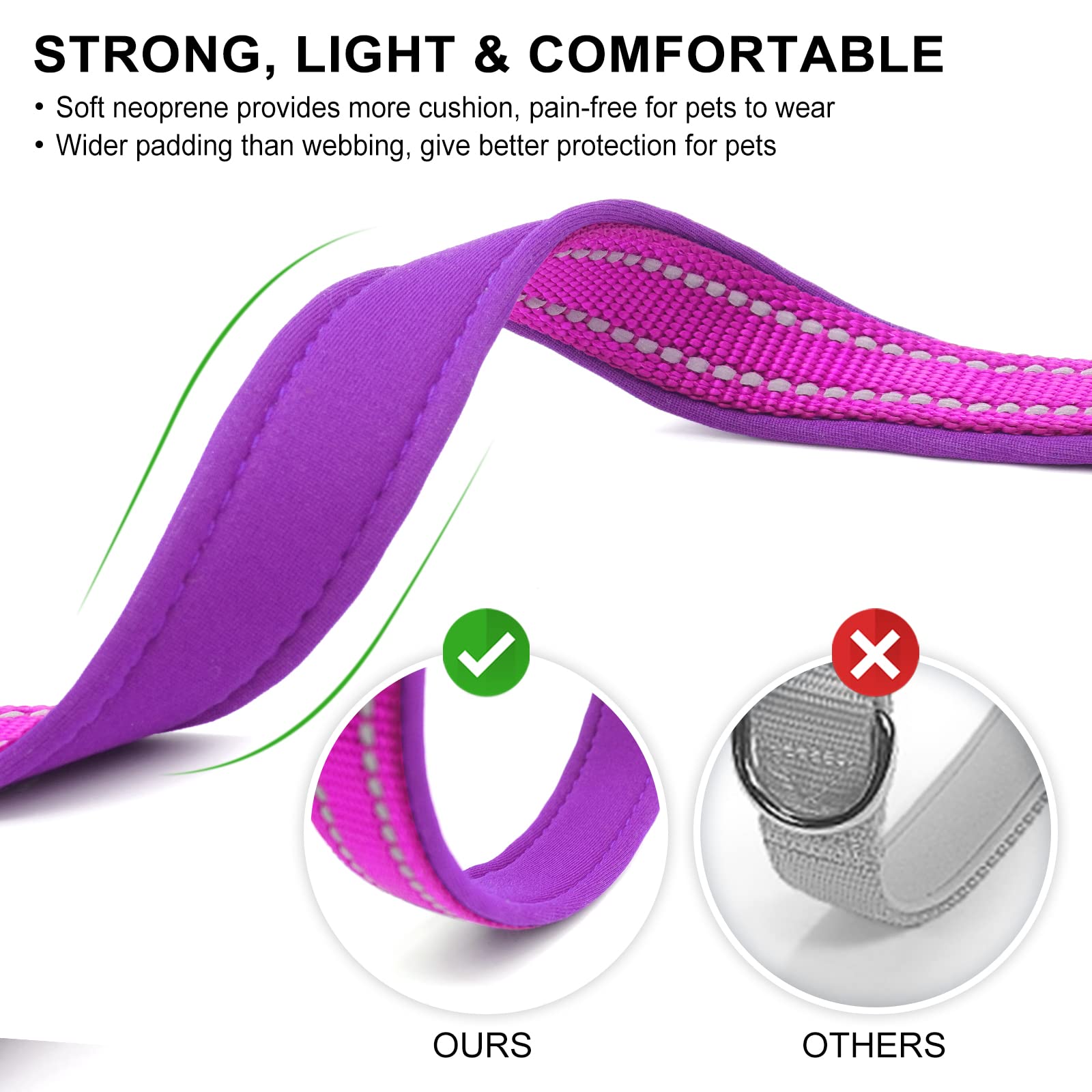 Azuza Reflective Dog Collar,Soft Neoprene Padded Pet Collar With Id Tag Ring,Adjustable For Medium Dogs,Purple,M