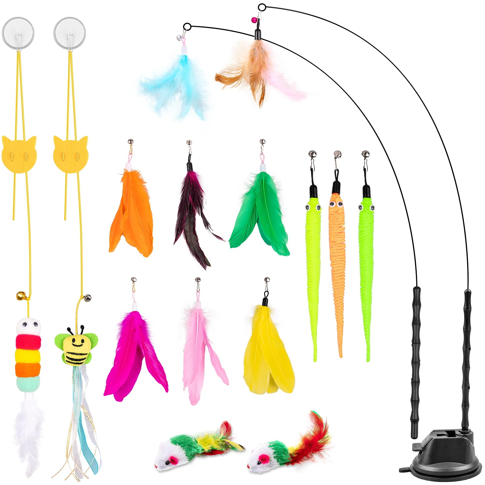 Depets Cat Feather Wand, 5PCS Assorted Feather Refills with Bell, Retractable Interactive Cat Toy Wand for Indoor Cat and Kitten