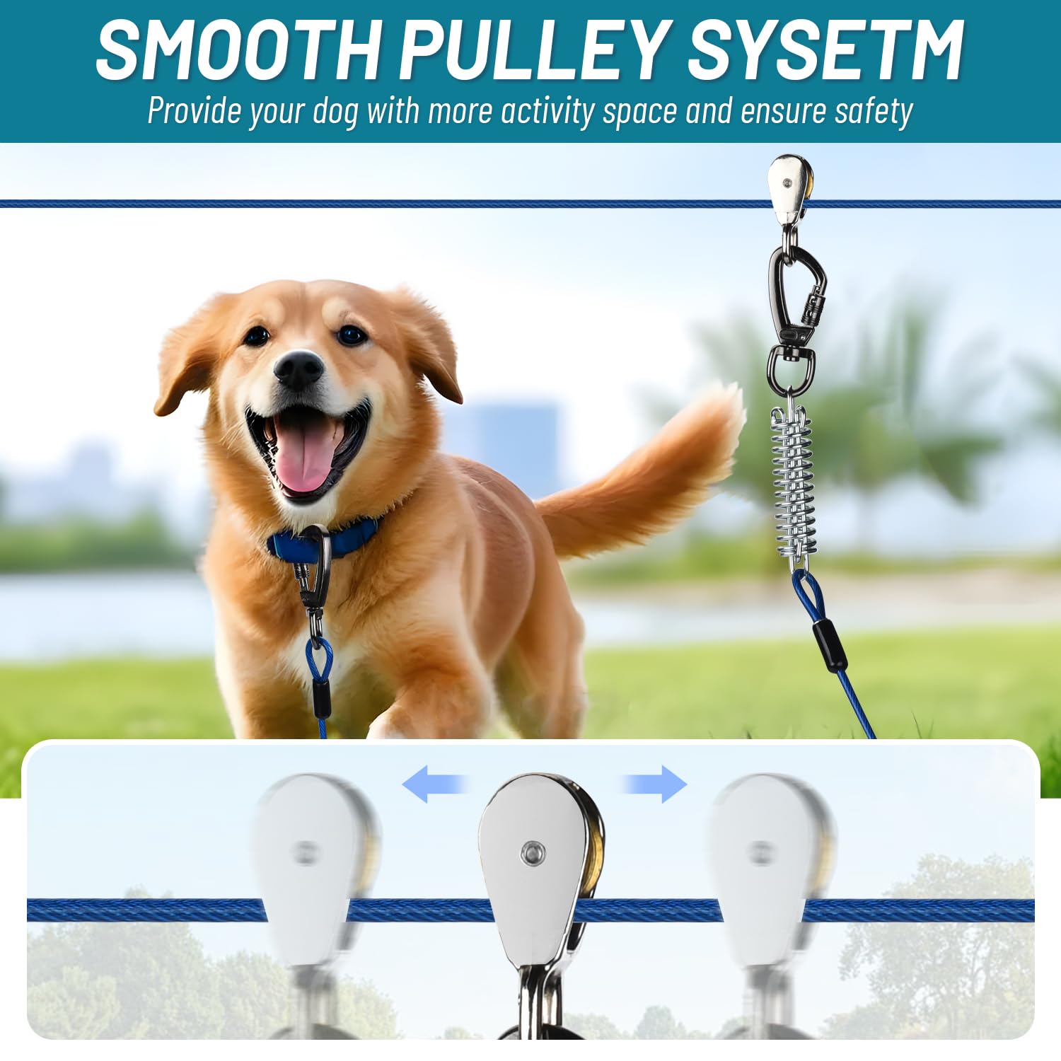 Dog Runner For Yard, Heavy Duty 50Ft Dog Runs For Outside With 10Ft Tie Out Cable, Trolley System Zipline For Large Dogs Up To 2