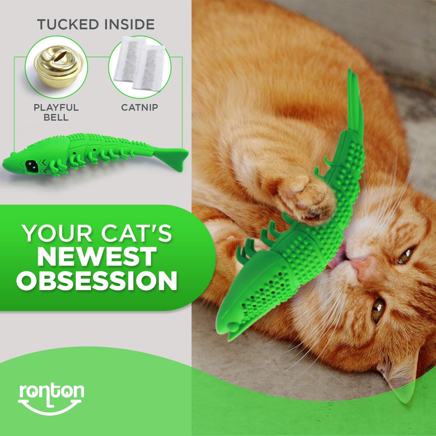 Ronton Catnip Toy - Durable Hard Rubber - Cat Dental Care, Cat Interactive Toothbrush Chew Toy (2 Pack Green & Blue (Shrimp))