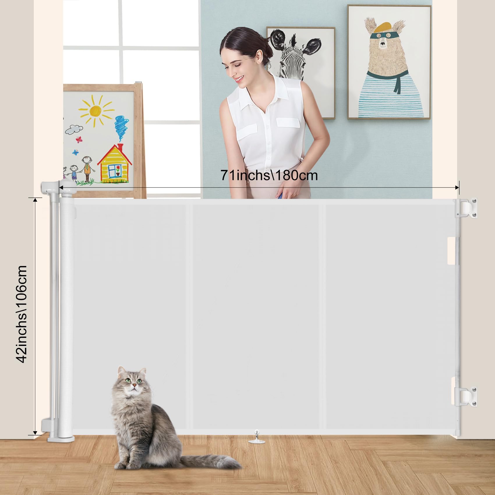 Miumoon Upgrade 71' Retractable Baby Gates With Reinforced Strip Design To Prevent Crawling Through, 42' Tall Retractable Gate For Baby And Pet, 6 Ft Baby Gates For Stairs, Doorways, Hallways(White)