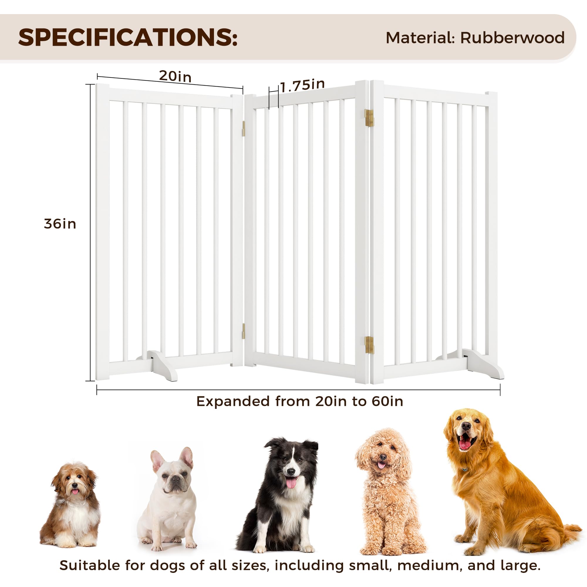 36  H Freestanding Pet Gate, Solid Wood Foldable Dog Gate with Support Feet, Wooden Tall Dog Gate for Doorway, Stairs & Indoor U