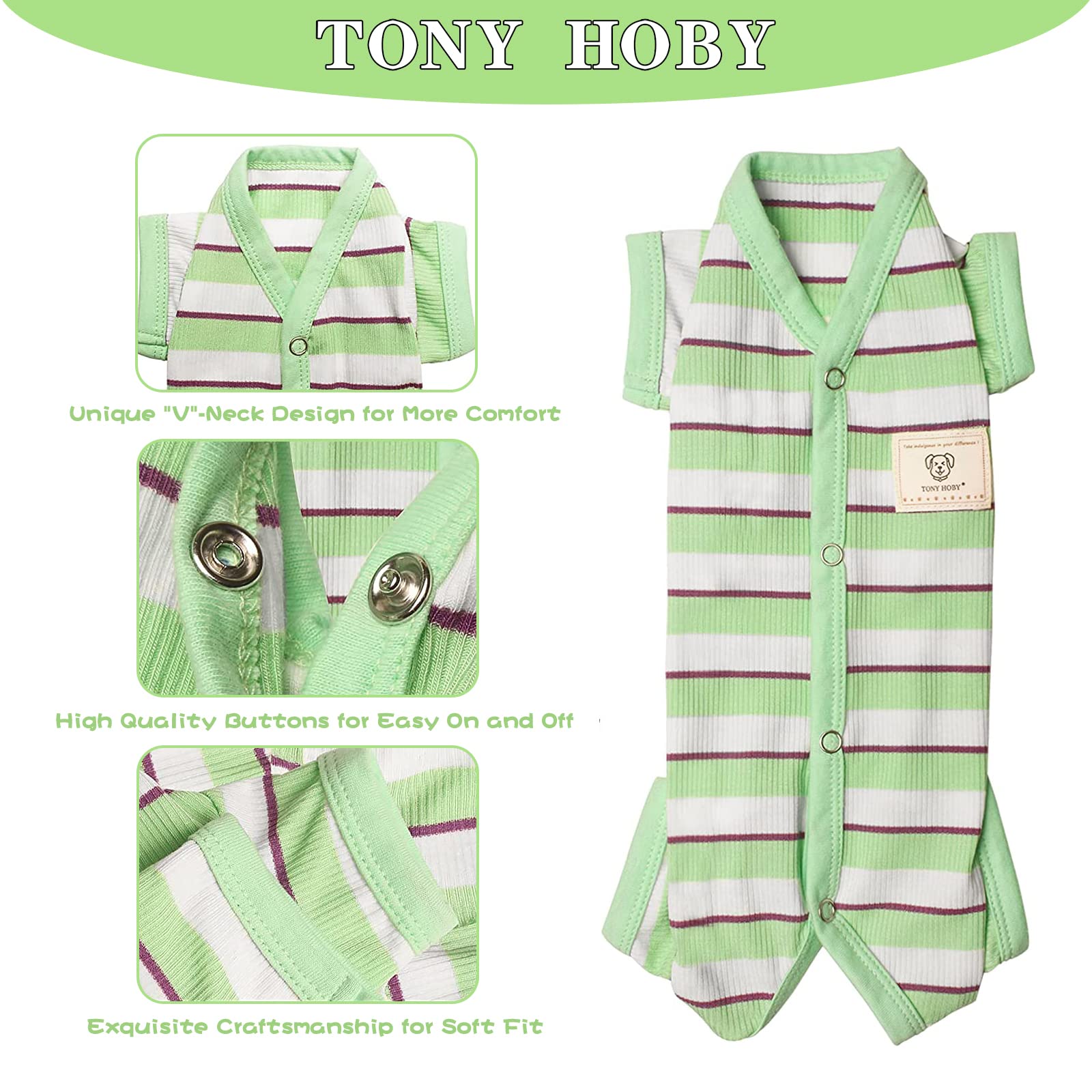 Tony Hoby Dog Pajamas, Male Dog Jumpsuit With Green Stripe, Dog Clothes For Small Medium Size Dogs (Green&White, Boy, S)