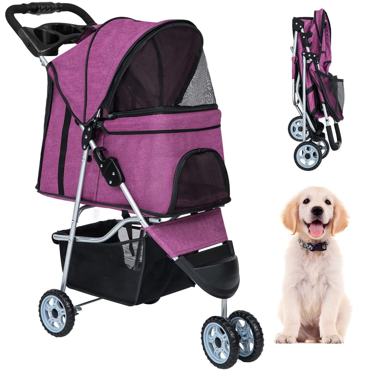 Bestpet 3Wheels Pet Stroller Dog Cat Jogger Stroller For Medium Small Dogs Cats Folding Lightweight Travel Stroller With Cup Hol