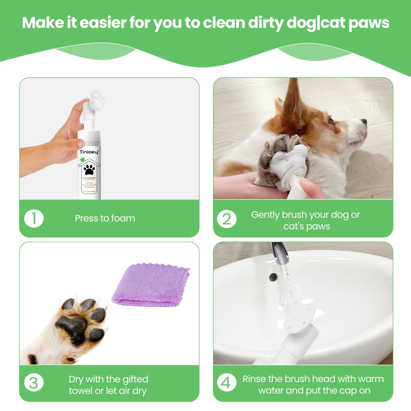 Tinioey Foaming Paw Cleaner For Dogs And Cats (6.8 Oz) | No-Rinse Dandelion Cleanser With Brush And Absorbent Towel (Fragrance Free)