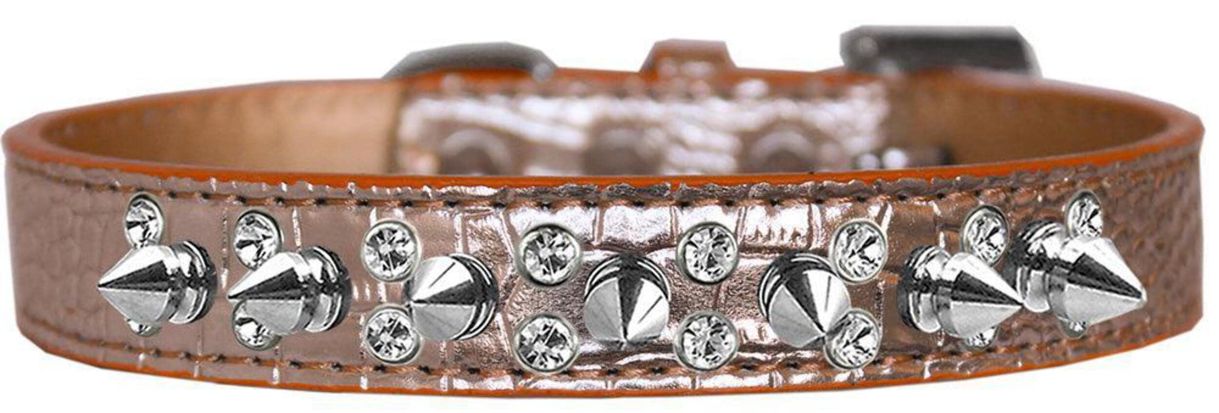 Dog, Puppy and Pet Designer Croc Collar, &quot;Double Crystal & Silver Spikes&quot; Light Pink 12