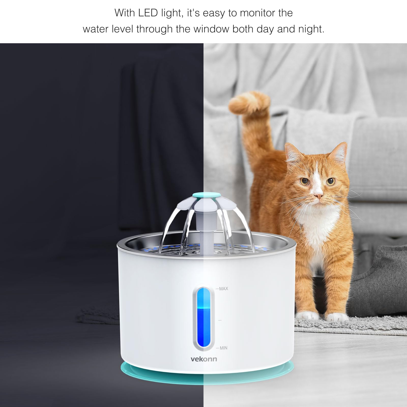 Vekonn Cat Water Fountain Stainless Steel Top With 4 Filters And 4 Sponges, Pet Water Fountain For Small Dog And Cat With Led Li