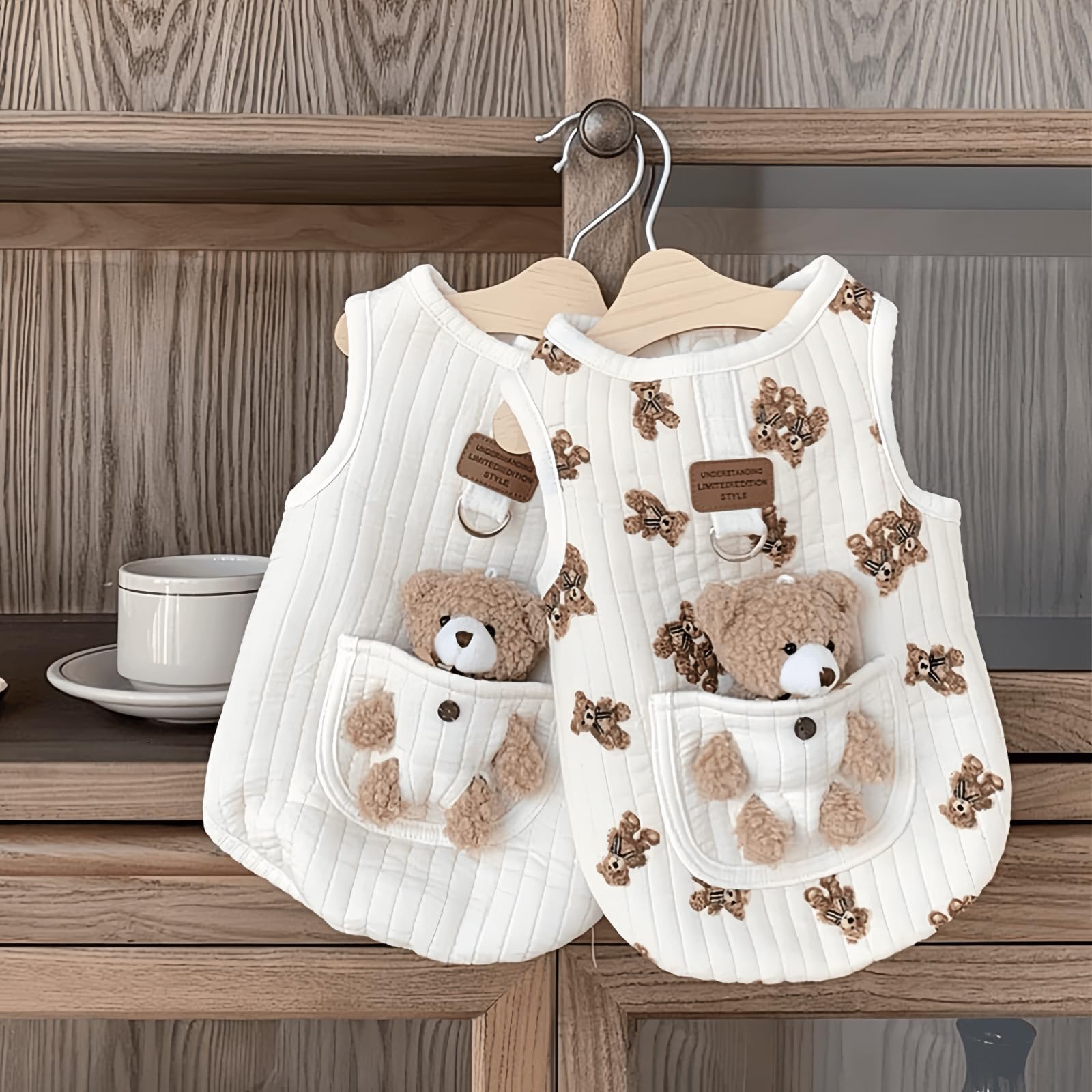Cute Pet Apparel Plush Bear Pattern Cartoon Dog Clothes All Season Sleeveless Puppy Kitten Pullover Soft Skin-Friendly (White2,