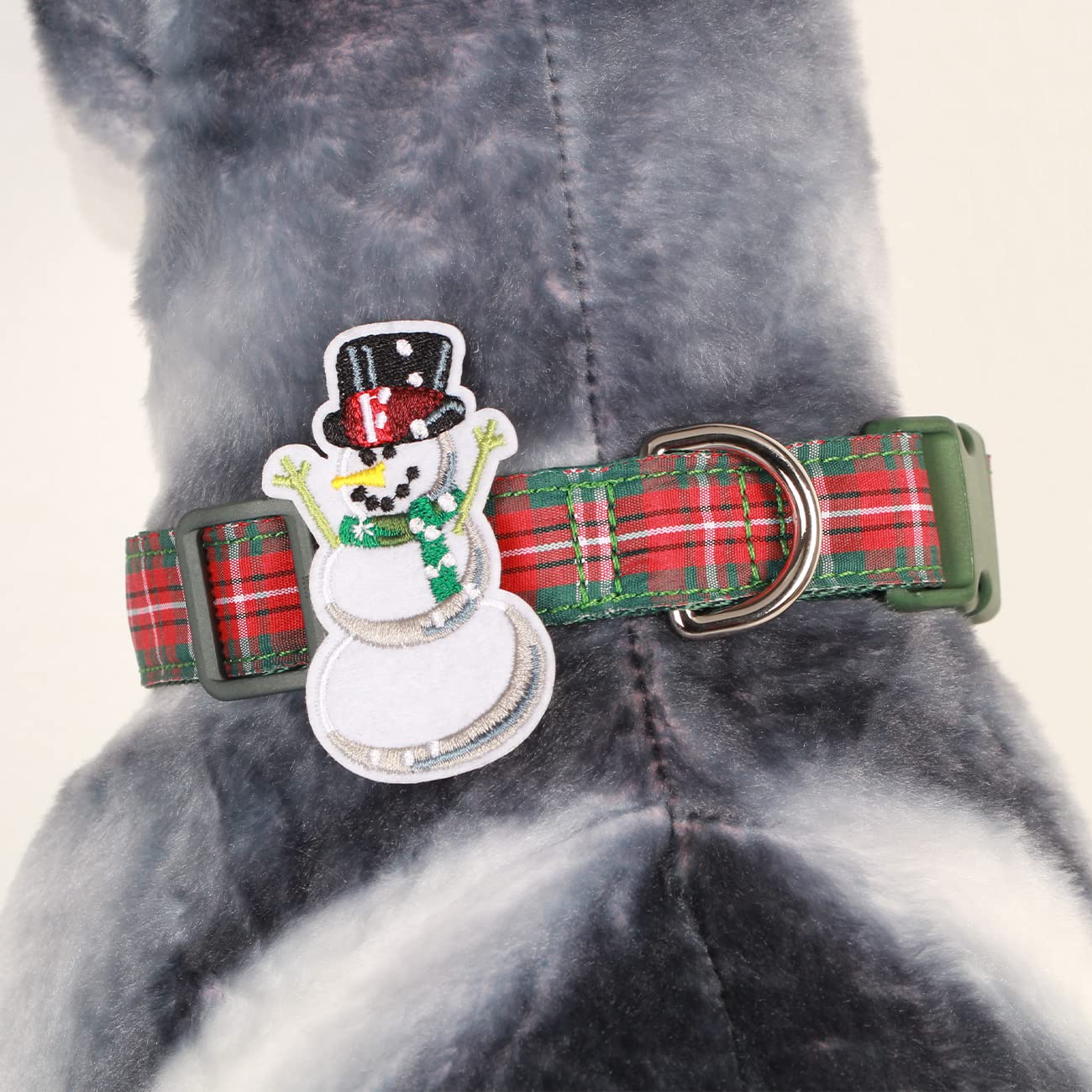 Christmas Winter Holiday Dog Collars With Cute Snowman Decor,Red And Green Plaid Buffalo Pattern,Adjustable For Medium Large Dog