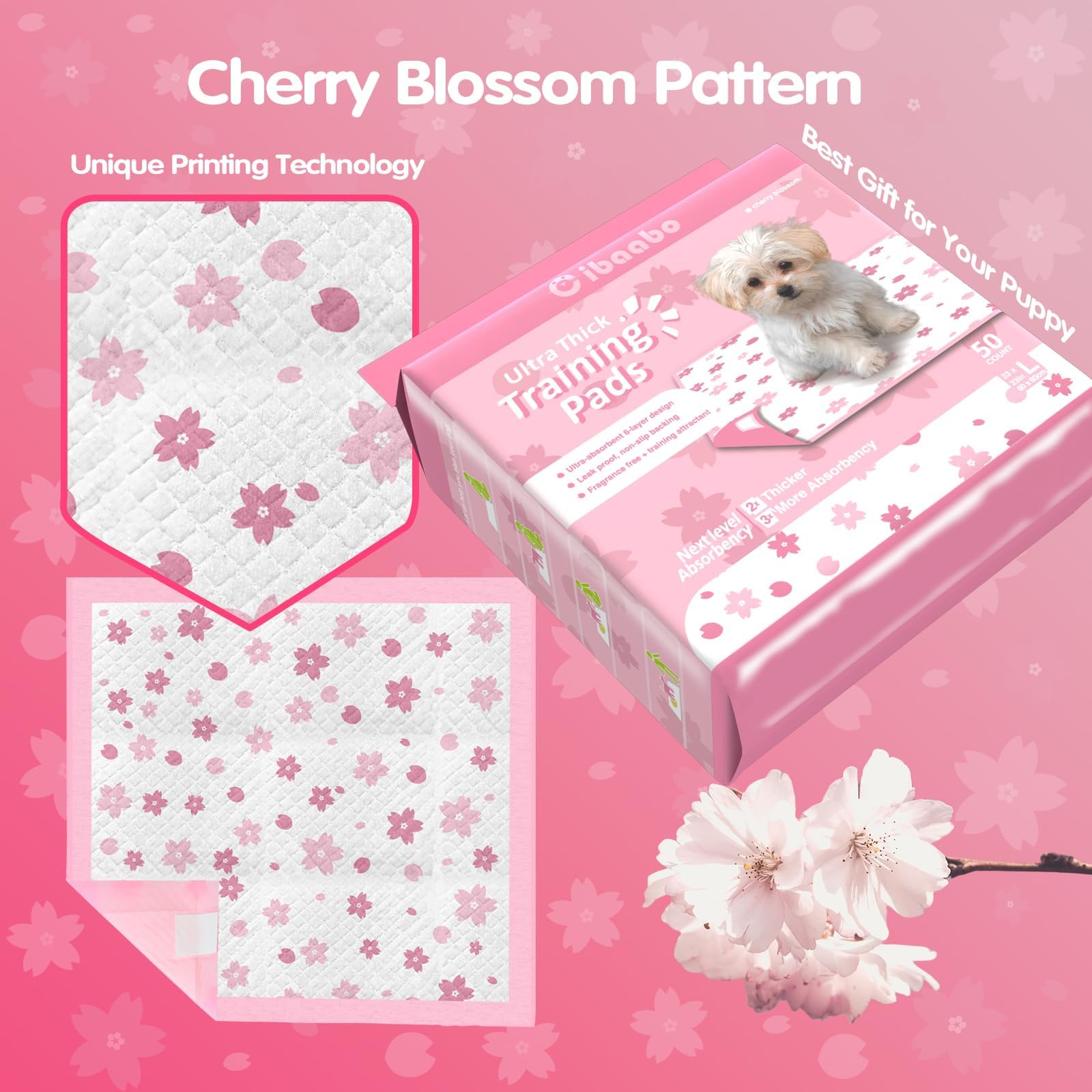 Pink Puppy Pads, Absorbent 23''X 23'' 50 Count Cute Dog Pee Pad With Adhesive Tabs For Potty Training, Leak-Proof Quiky-Dry Pads