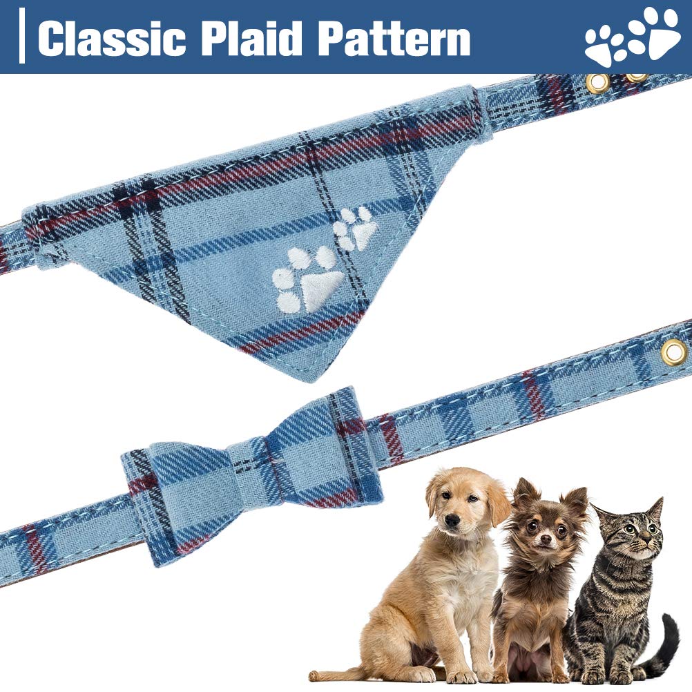 Expawlorer Dog Leash Collar Set - 3 Pack Embroidery Pawprints Plaid Dog Collars And Leash Tangle Free, Bow Tie And Bandana Collar, Adjustable Collar Set For Dogs Cats Outdoor Walking