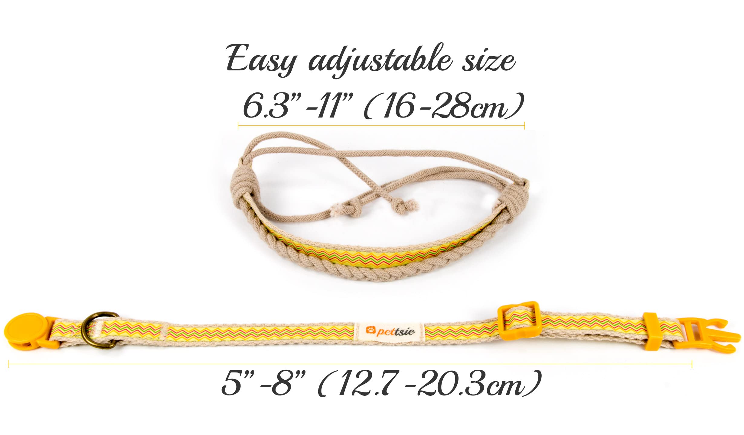 Pettsie Easy Adjustable Kitten Collar Set, Safety Breakaway Buckle, Matching Friendship Bracelet, Soft Cotton For Sensitive Skin, Ideal For Kitty Lovers, Fits Neck Sizes 5-8 Inches, Yellow