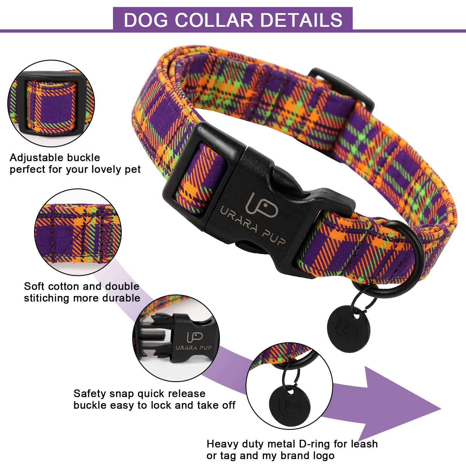 Up Urara Pup Halloween Dog Collar, Colorful Plaid For Small Dogs, Fall & Winter With Lightweight Plastic Buckle, Cute Pet Collar