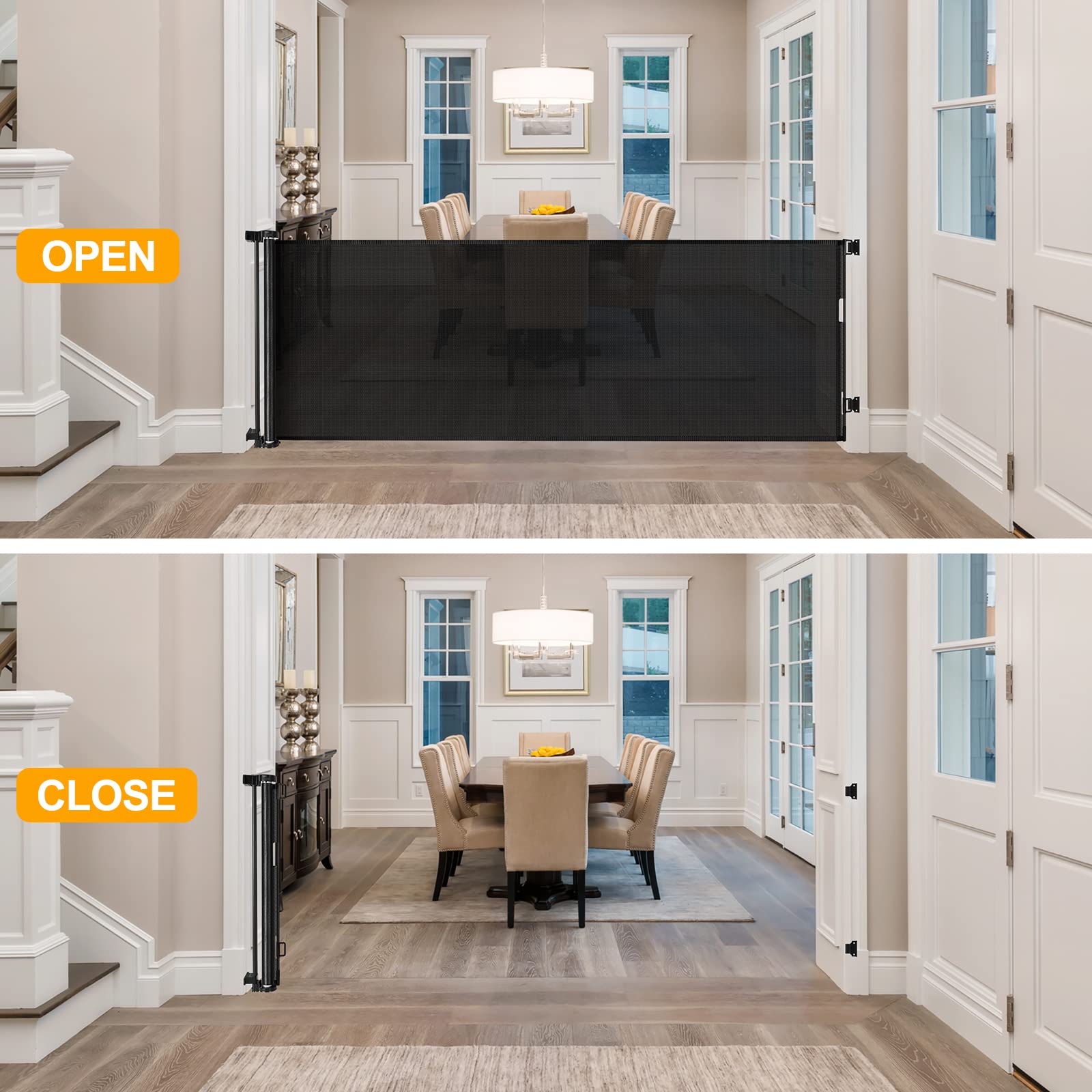 Womhom 100 Inch Extra Wide Baby Gate For Large Opening Retractable Baby Gates For Dogs Indoor Safety Gate Dog Gates For The House Extra Long Baby Gate For Stairs Outdoor Mesh Large Pet Gate (Black)