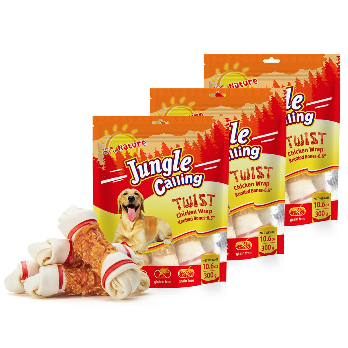 Jungle Calling Chicken Wrap Knotted Bones Dog Chews 6.5'' Pack Of 4, Long Lasting Beefhide Treats Real Chicken Wrap Rawhide Bone
