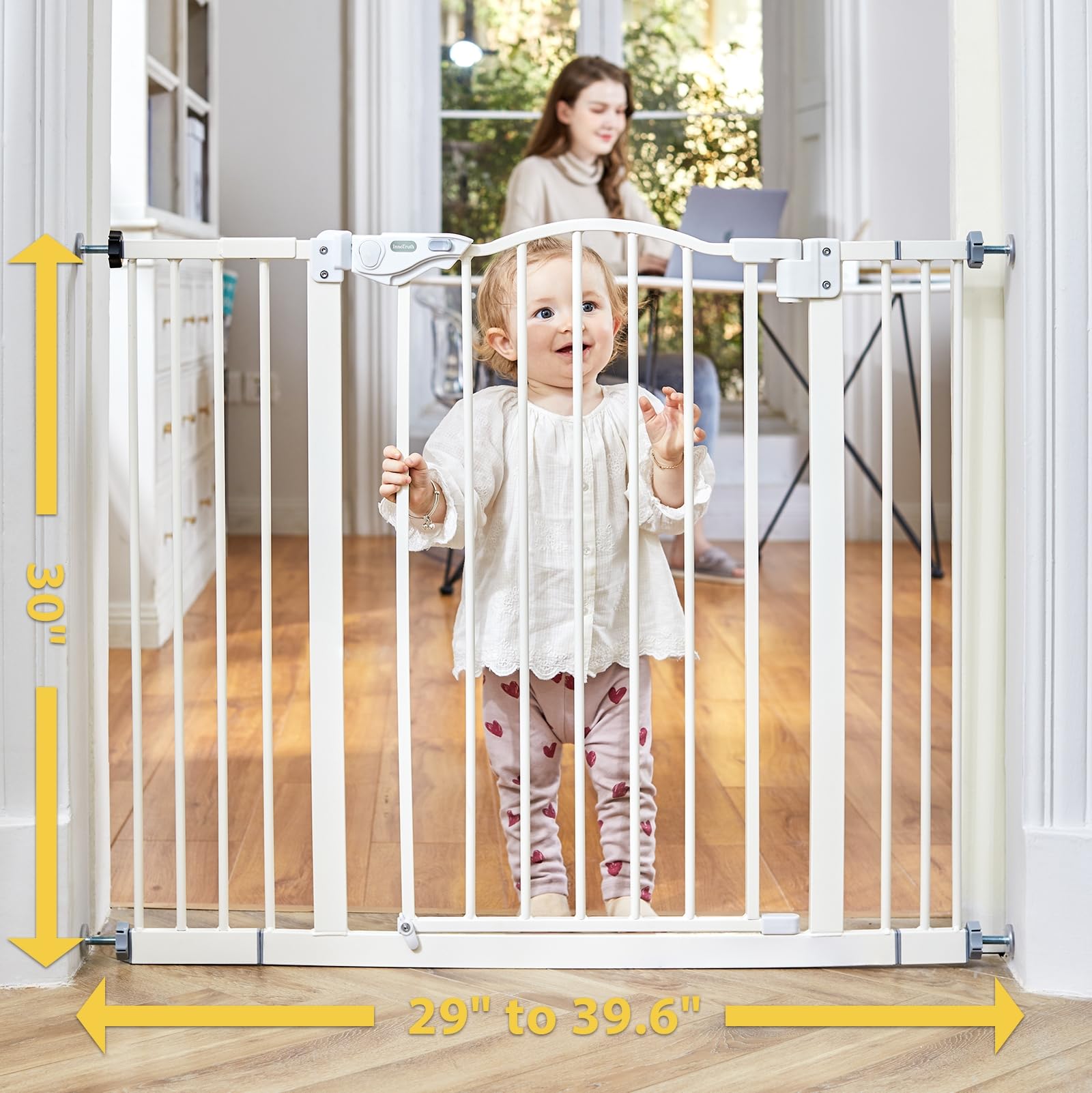 Innotruth 29-39.6' Baby Gate For Stairs, Auto Close Both Sides Dog Gate With One-Hand Opening, 30' Tall Safety Gates For Pets, Hallways, Bedrooms, Wall Pressure Mount No Drill, White