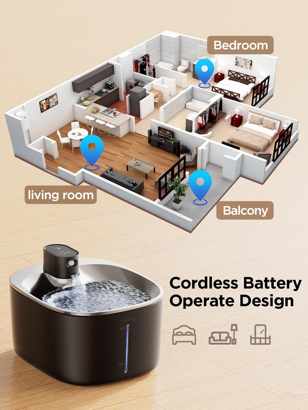 Feelneedy Cat Water Fountain Battery Operated, 4L/135 Fl Oz Pet Water Fountain For Cats And Dog With Motion Sensor, Wireless Ultra Quiet Cat Drinking Fountain With 2 Filters (Black Ypd-C004P)