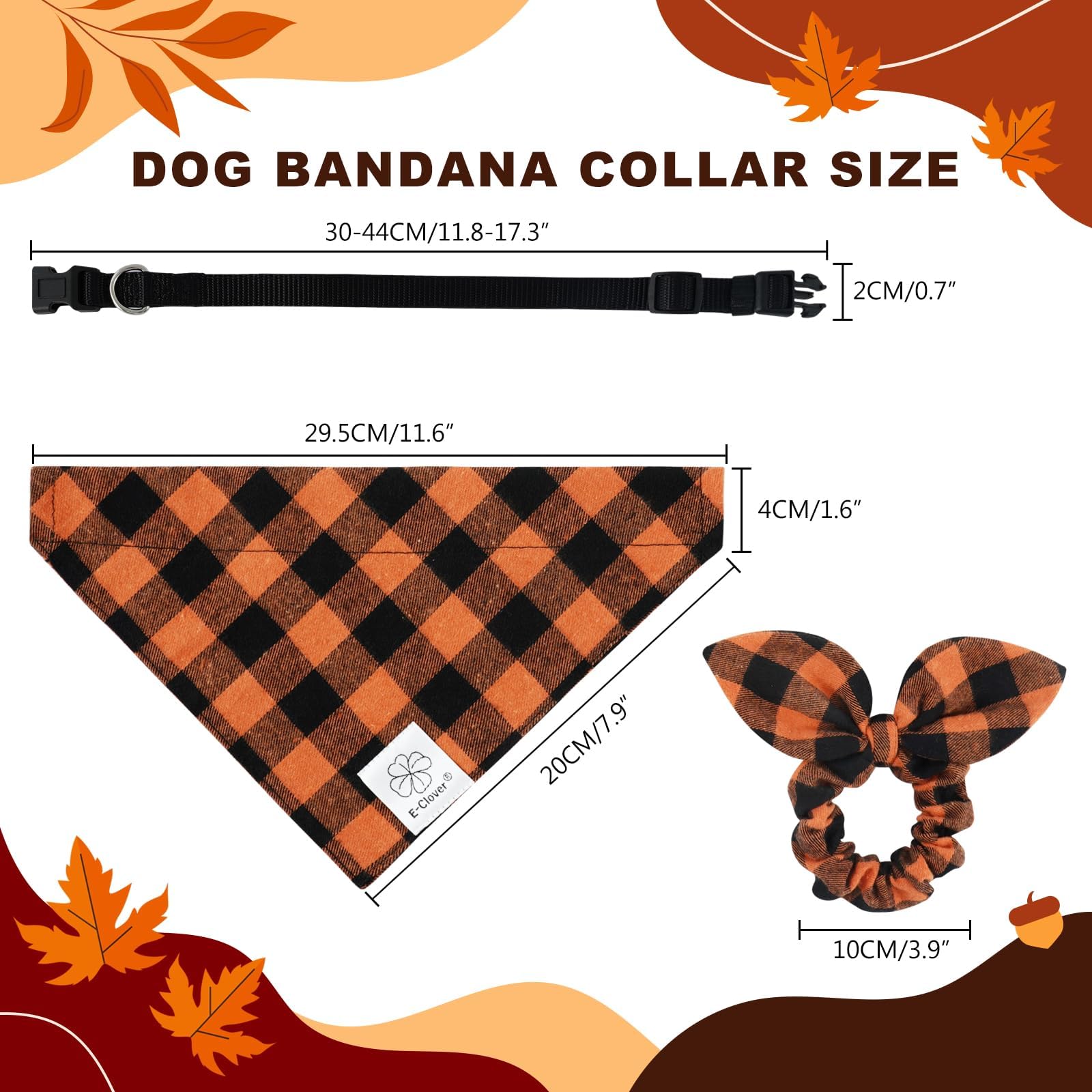E-Clover Fall Dog Collar-Plaid Dog Collar Bandana & Matching Scrunchie Adjustable Dog Collars For Small Medium Dogs Cats Owner G