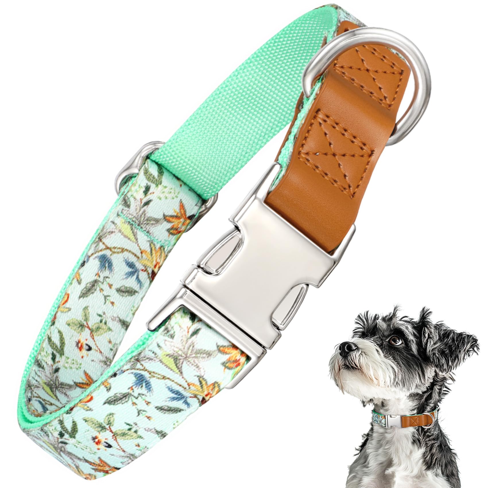 Whippy Floral Dog Collar With Quickly Release Metal Buckle Adjustable Cute Green Rose Collars For Large Medium Small Breeds