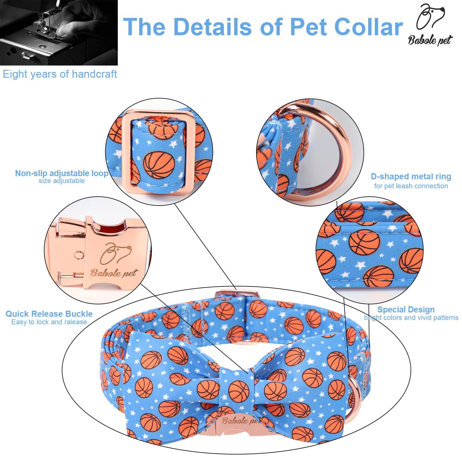 Babole Pet Cute Boy Dog Collar With Bow Tie - Adjustable Blue Basketball Bowtie Collar Spring-Summer Breathable Comfort Dog Coll