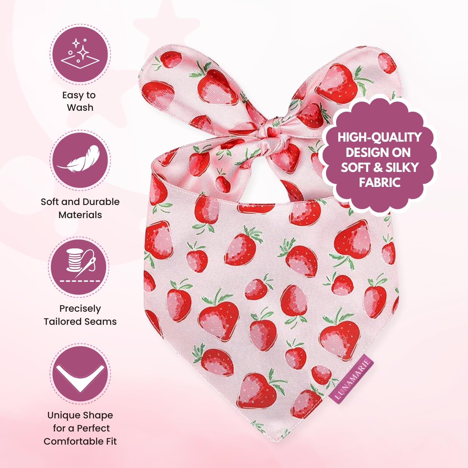 LunaMarie - Luxury Pet Birthday Bandanas -Premium & Silky Poly Fabric | 100% Handmade | Custom Shape Dual Layered (Strawberry, X