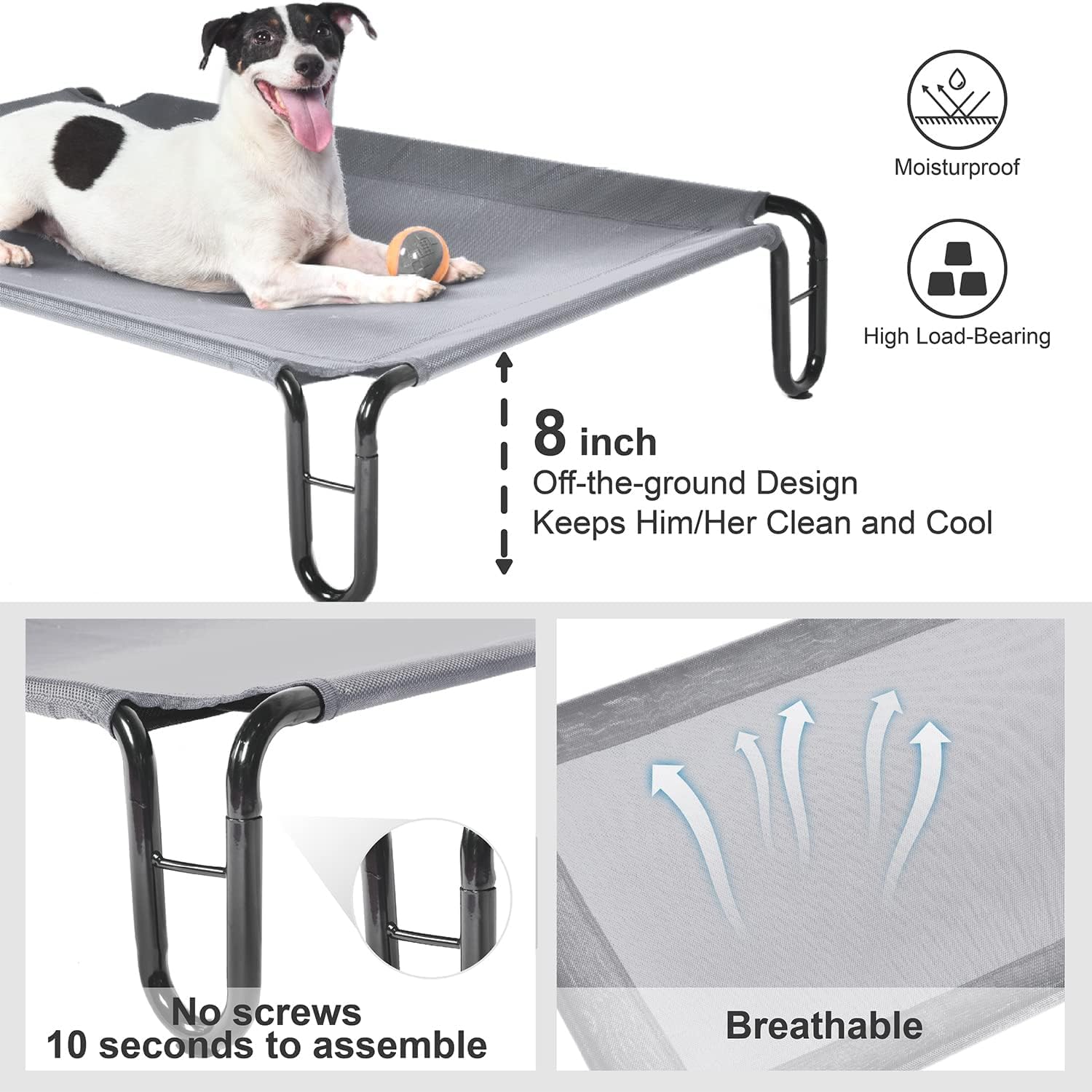 Pettycare Elevated Outdoor Dog Bed - Dog Cots Beds For Small Dogs, Waterproof Raised Dog Bed Easy To Assemble, Cooling Elevated Dog Bed With Teslin Mesh, Durable, Non Slip, Up To 35 Lbs,Grey