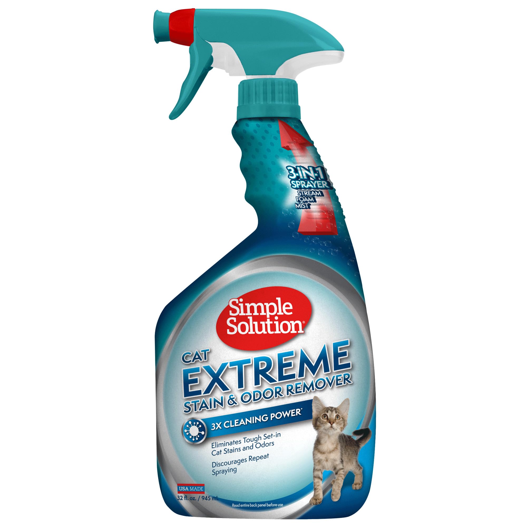 Simple Solution Cat Extreme Pet Stain And Odor Remover - Enzymatic Cleaner With 3X Pro-Bacteria Cleaning Power - 32 Ounces