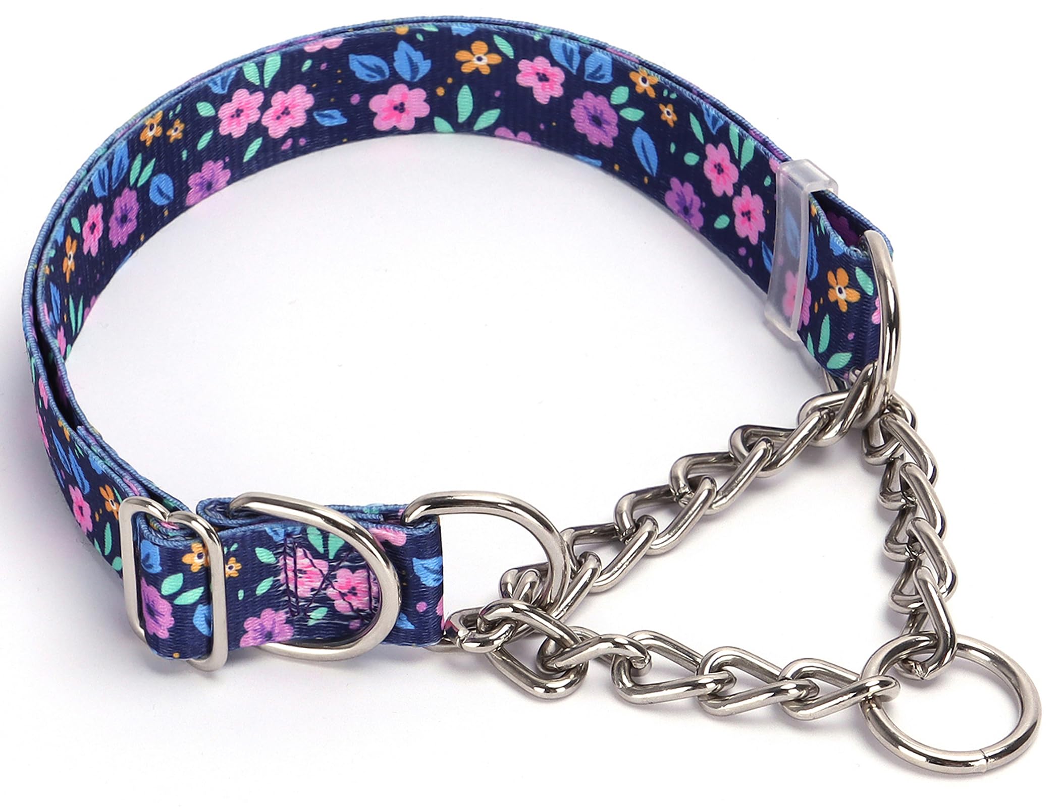 Martingale Collar For Dogs With Steel Chain, No Pull Dog Collar With Purple Bull Flower Design, Adjustable No Choke Dog Collar, 