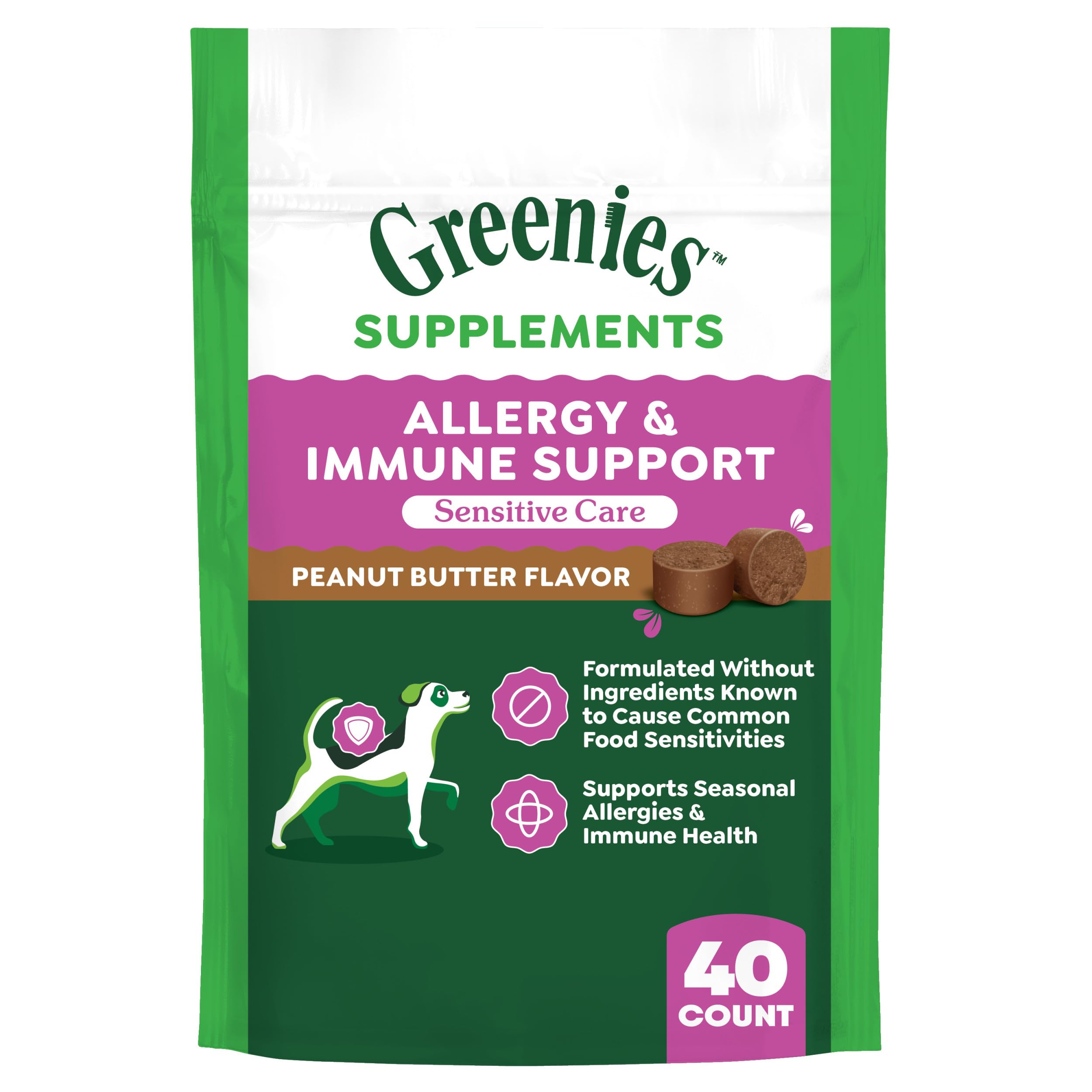 Greenies Sensitive Care Allergy & Immune Support Dog Supplement Chicken-Free Formula, Peanut Butter Flavor, 40 Count Pouch