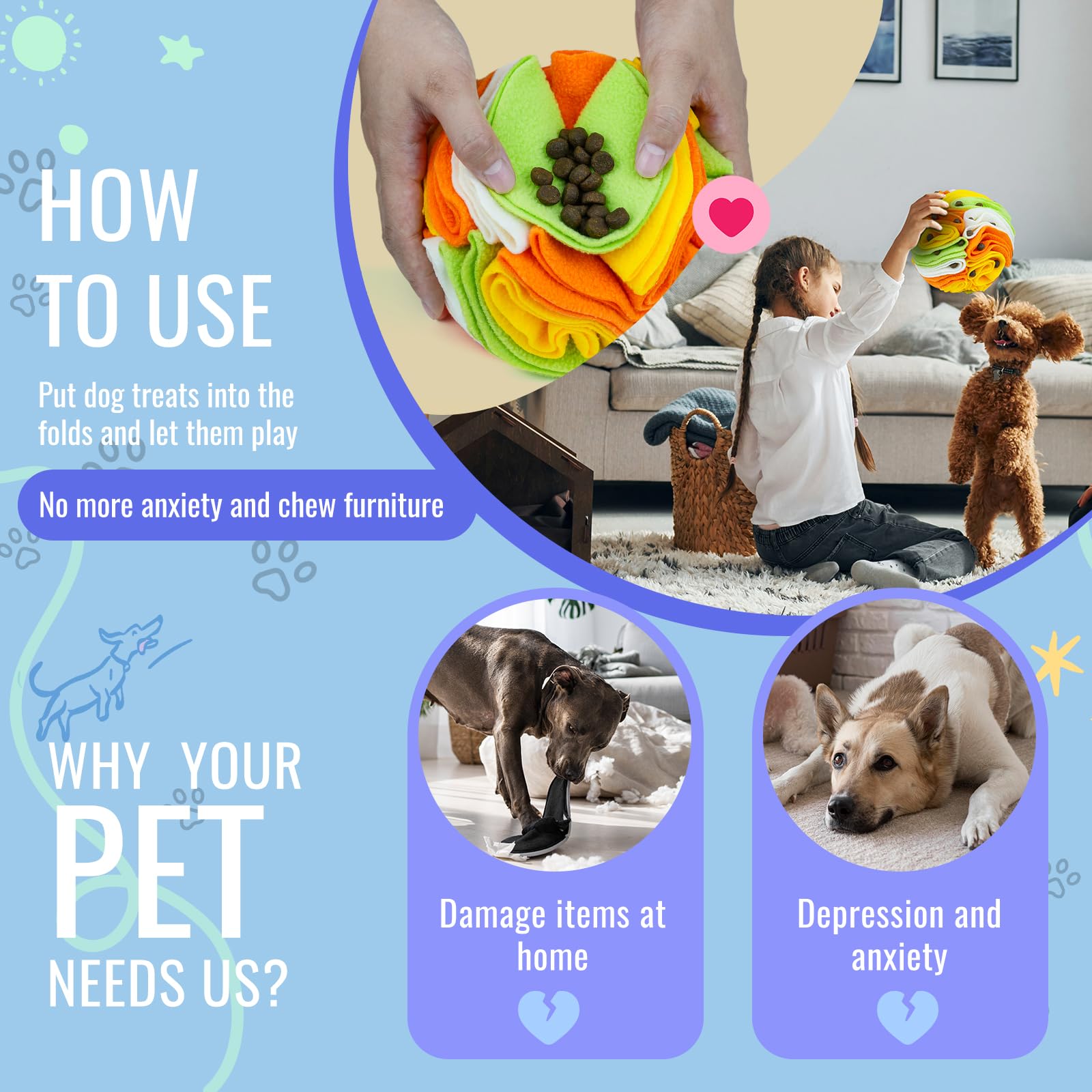 Larimuer Pet Snuffle Ball - Puzzle Sniffing Interactive Dog Toys For Blind Dogs Training, Stress Relief & Enrichment (15Cm, Trop