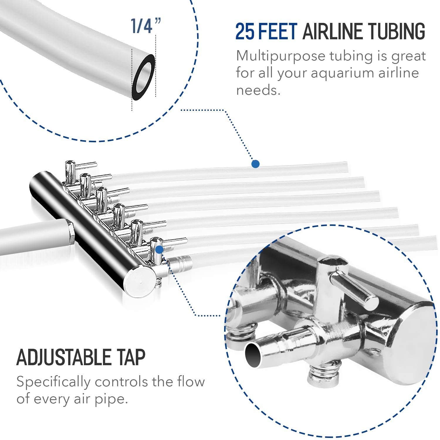 Simple Deluxe Lgpumpair65 Air Pump 1030 Gph 35W 65L/Min 6 Adjustable Air Flow Outlets With Airline Tubing 25 Feet For Aquarium, Pond, Hydroponics System, Silver