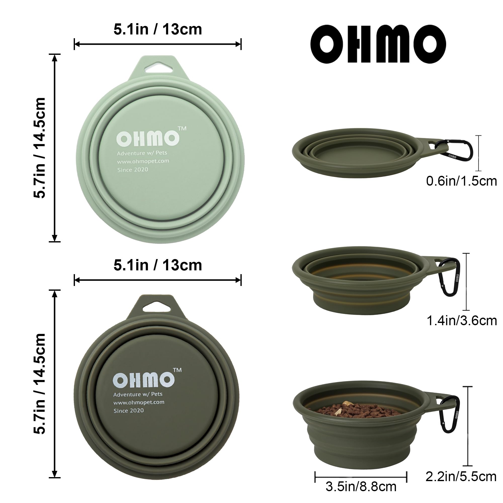 Ohmo Collapsible Dog Bowl(2 Pack, Camo&Light Green 12Oz/400Ml) Premium Silicone Pet Water Bowls For Cats & Dogs, Portable Dog Tr