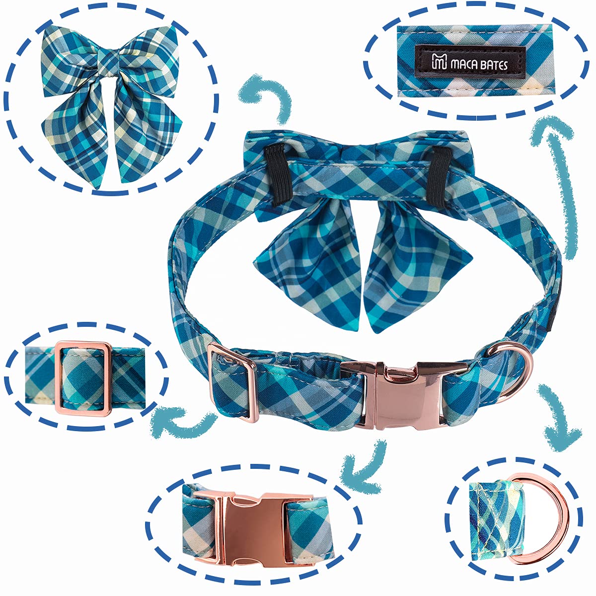 Maca Bates Dog Collar-Colorful Grid And Ripple Pattern Sailor Bow Tie,Adjustable Collar With Metal Buckle For Cat And Dog