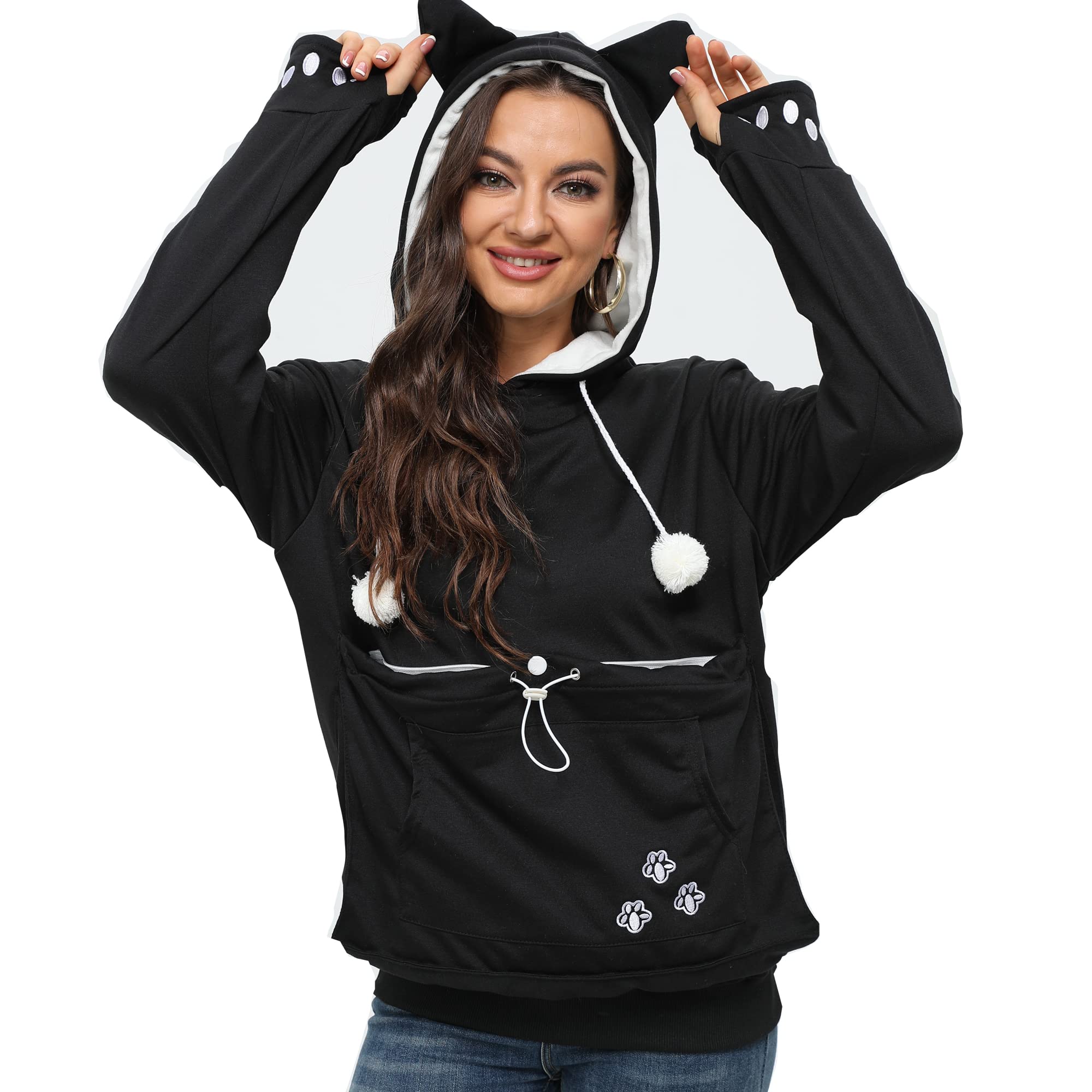 Bombaxceiba Hoodie Pet Holder Cat Dog Large Pouch Pocket Carriers Pullover With Cat Print Sweatshirt Unisex Kangaroo Pocket (Bla