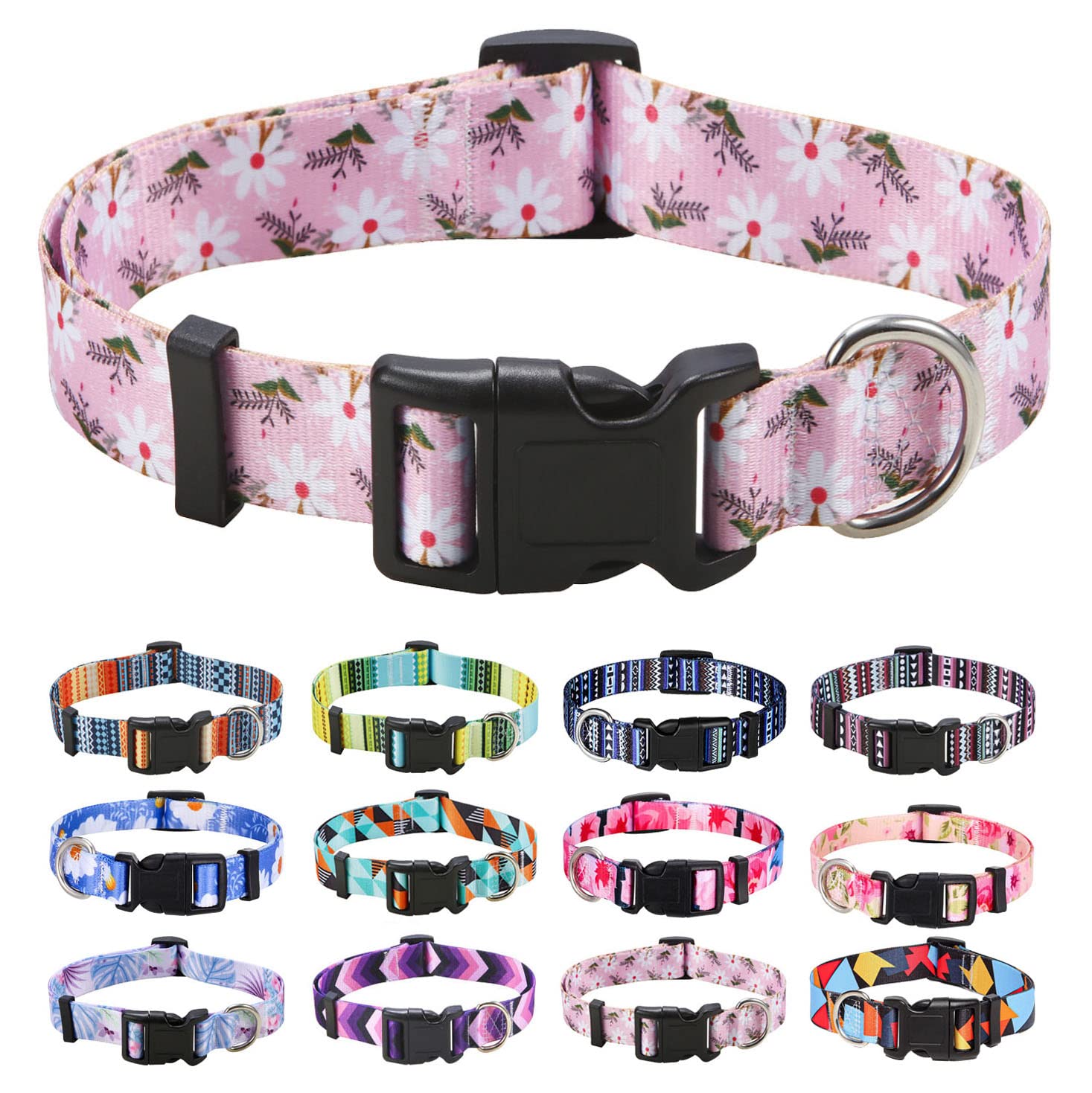 Mihqy Dog Collar With Bohemia Floral Tribal Geometric Patterns - Soft Ethnic Style Collar Adjustable For Small Medium Large Dogs (Pink White Flower,Xs)