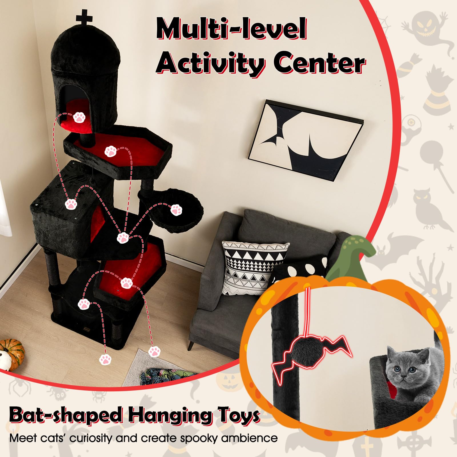 Petsite 83 Inch Tall Gothic Cat Tree, Multi-Level Halloween Cat Tower With Coffin Beds, Scratching Posts, 2 Cat Condos, Dangling