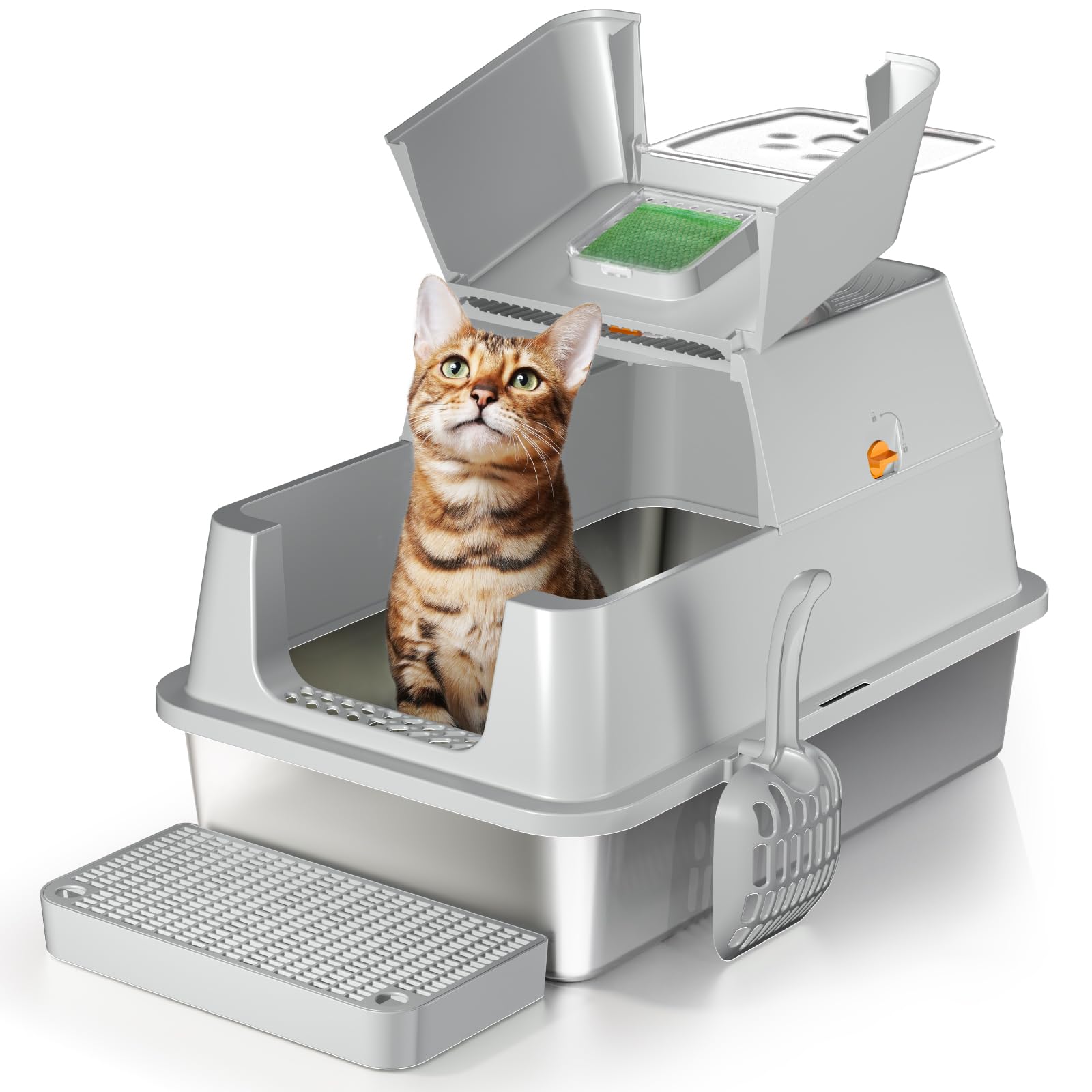 Eosarcu Stainless Steel Cat Litter Box with Lid, 180 Flip-Top XL Extra Large Enclosed Litter Box, Covered Metal High Sided Litte