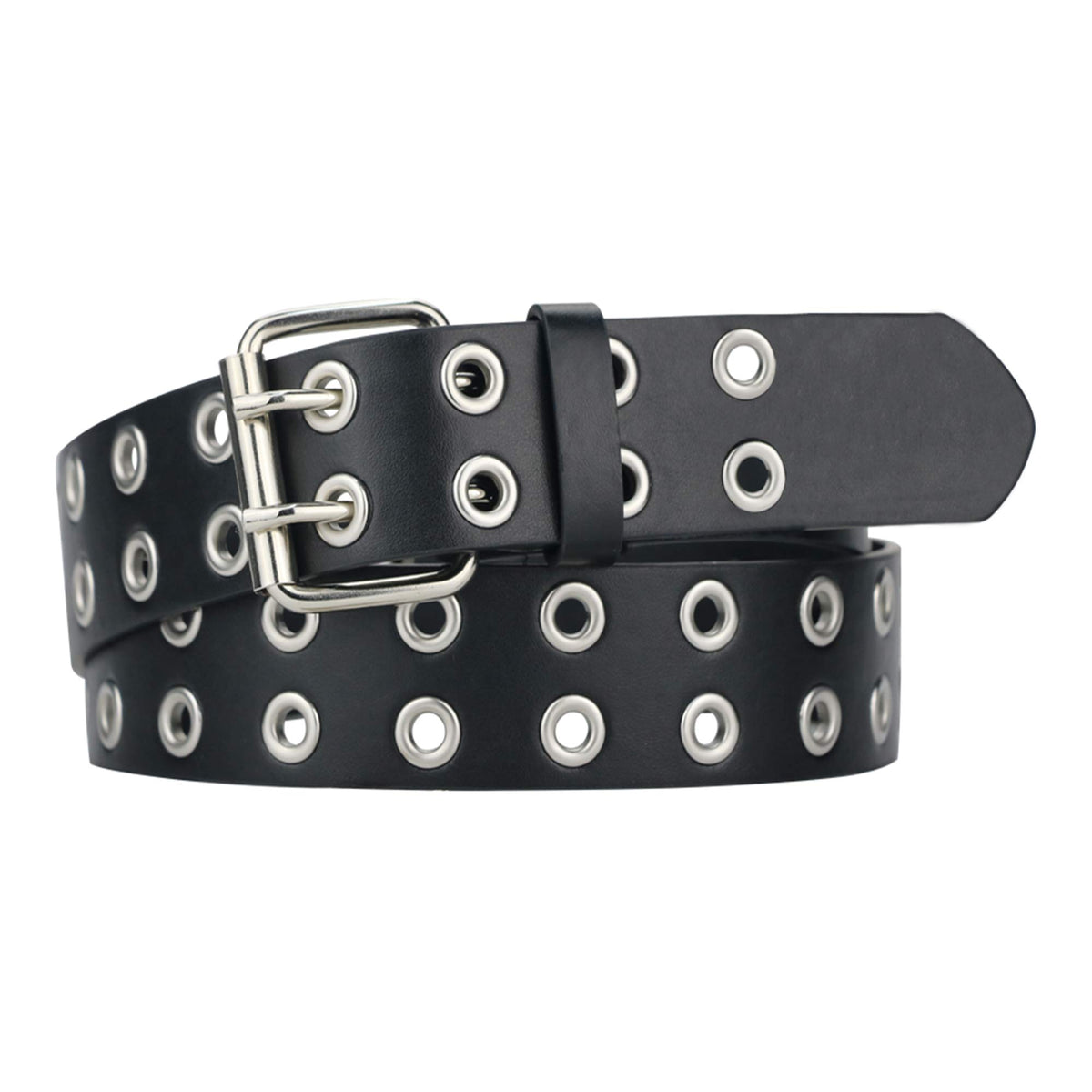 Macoking Womens Belts For Jeans, Studded Double Grommets Leather Black Belt Women Men-M