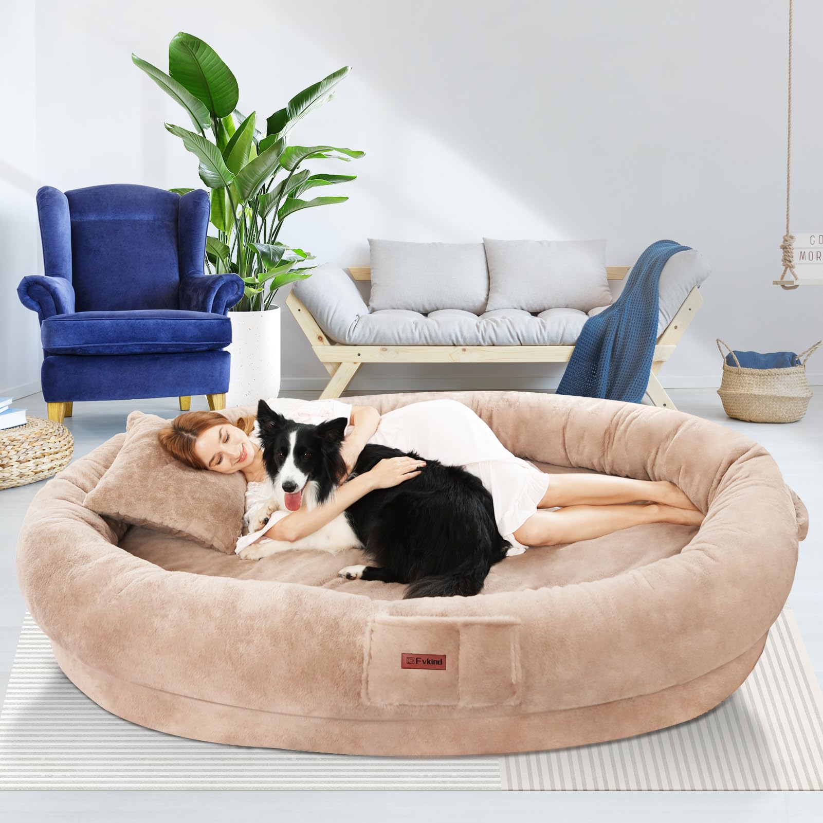 Fvkind Giant Adult Dog Bed For Humans, 70''X33''X12'' Washable Faux Fur With Soft Blanket And Pillow, Orthopedic, Grey