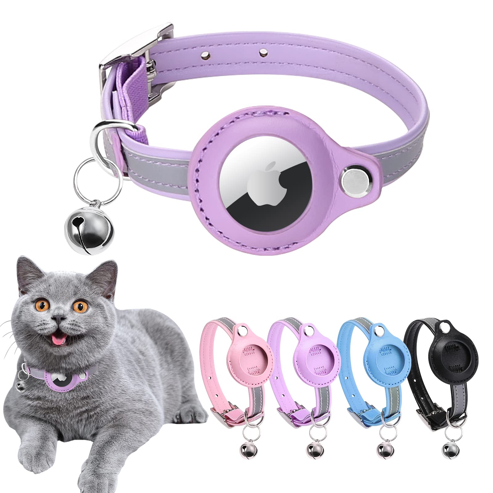 Airtag Cat Collar, Cat Collar With Bells, Reflective Gps Cat Collar, Cat Tracker Collar Leather Cat Collar For Cats (Blue-M (Purple, S(9.3-12.0'))