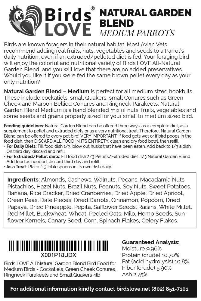 Birds LOVE All Natural Garden Blend Bird Food for Conures - Sunflower Free 4lb
