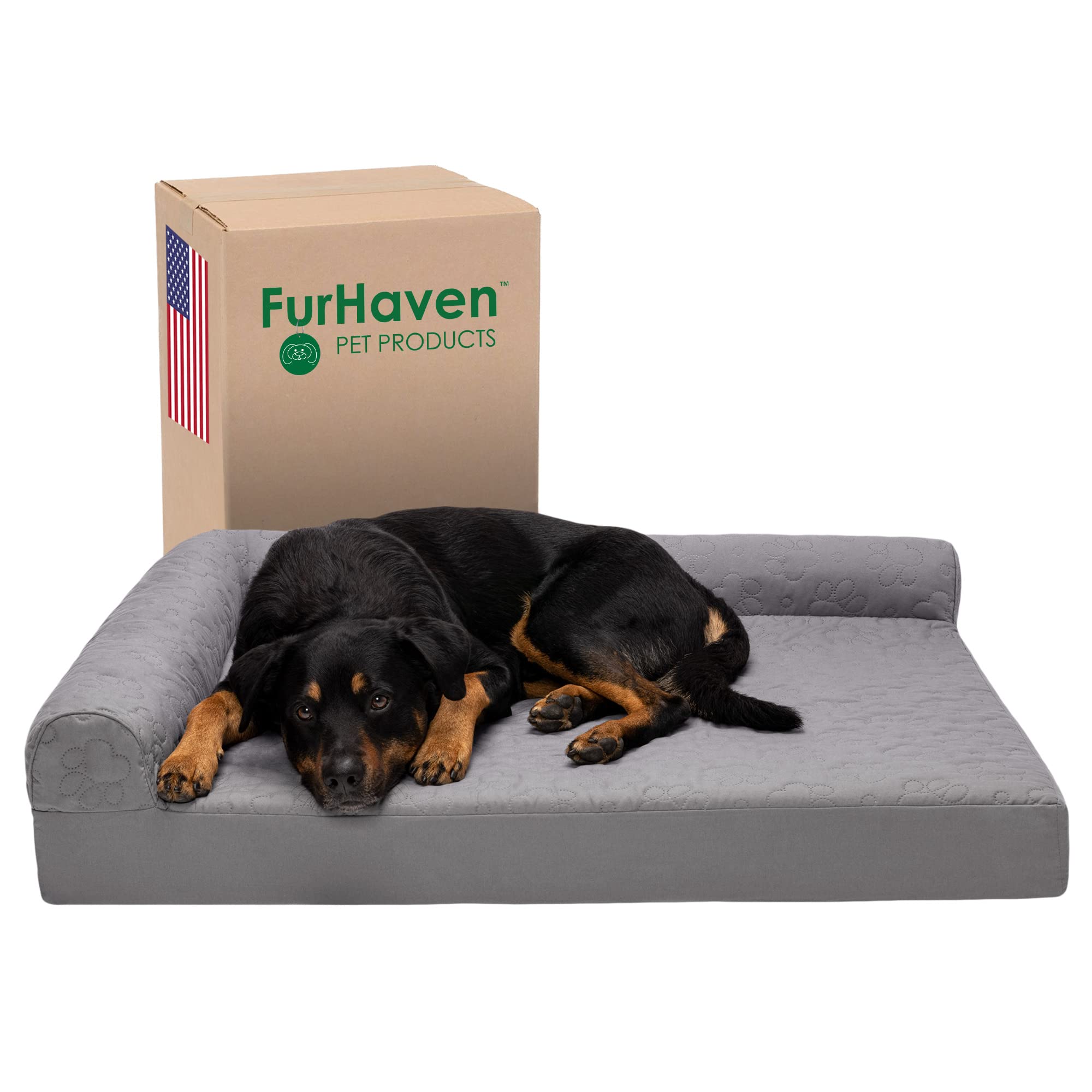 Furhaven Orthopedic Dog Bed For Large Dogs W/ Removable Bolsters & Washable Cover, For Dogs Up To 95 Lbs - Pinsonic Quilted Paw L Shaped Chaise - Titanium, Jumbo/Xl