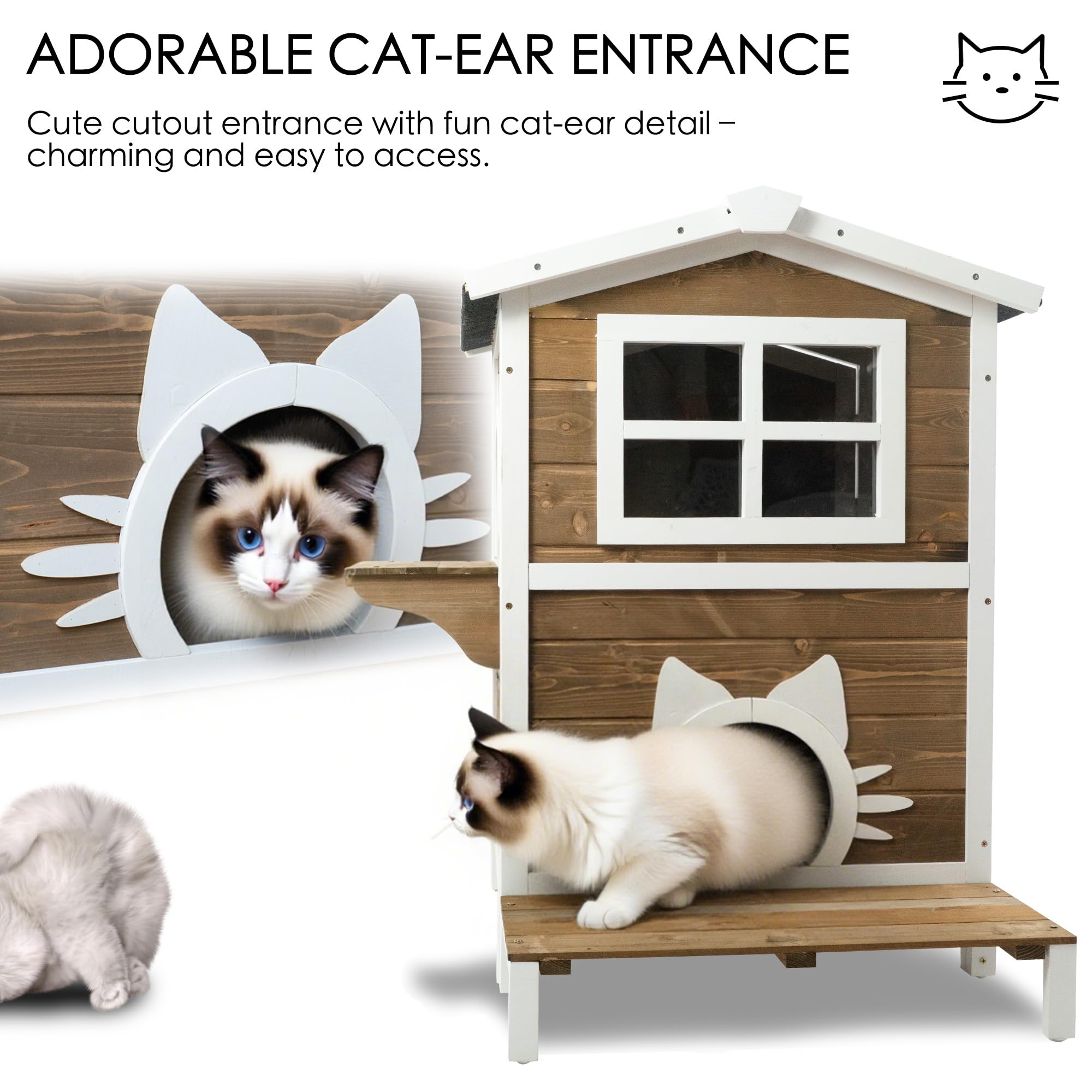Cukitty Large Outdoor Cat House, 2-Level Weatherproof Spruce Wood, 32W x 22.75D x 36H inches, Gray