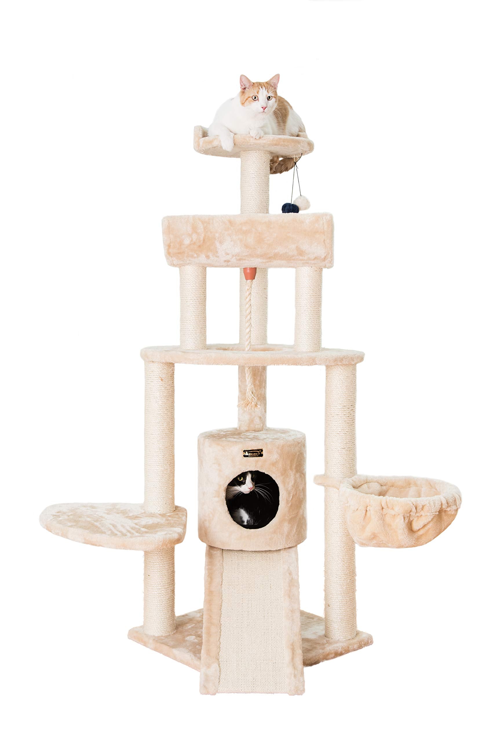 Armarkat Spacious Thick Fur Cat Tower Real Wood Furniture with Basket Lounge, Ramp, Beige A5806